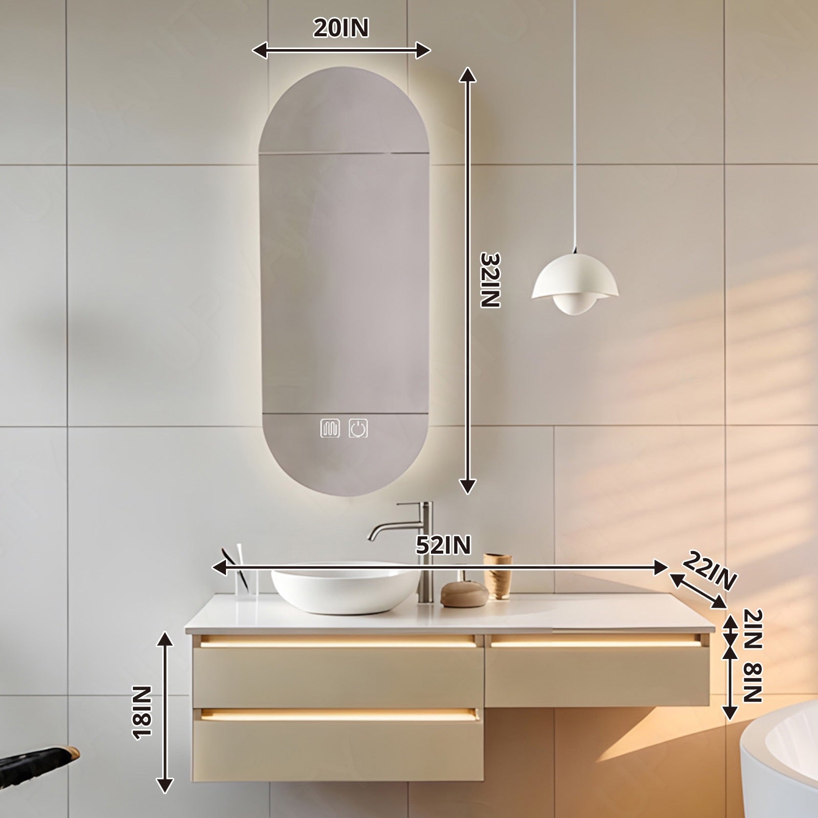 Elegant Bath Vanity Set, Beige, White Slate Top, 40"-56", Single Vessel Sink, Floating, Oval Smart LED Mirror, Sensor Light
