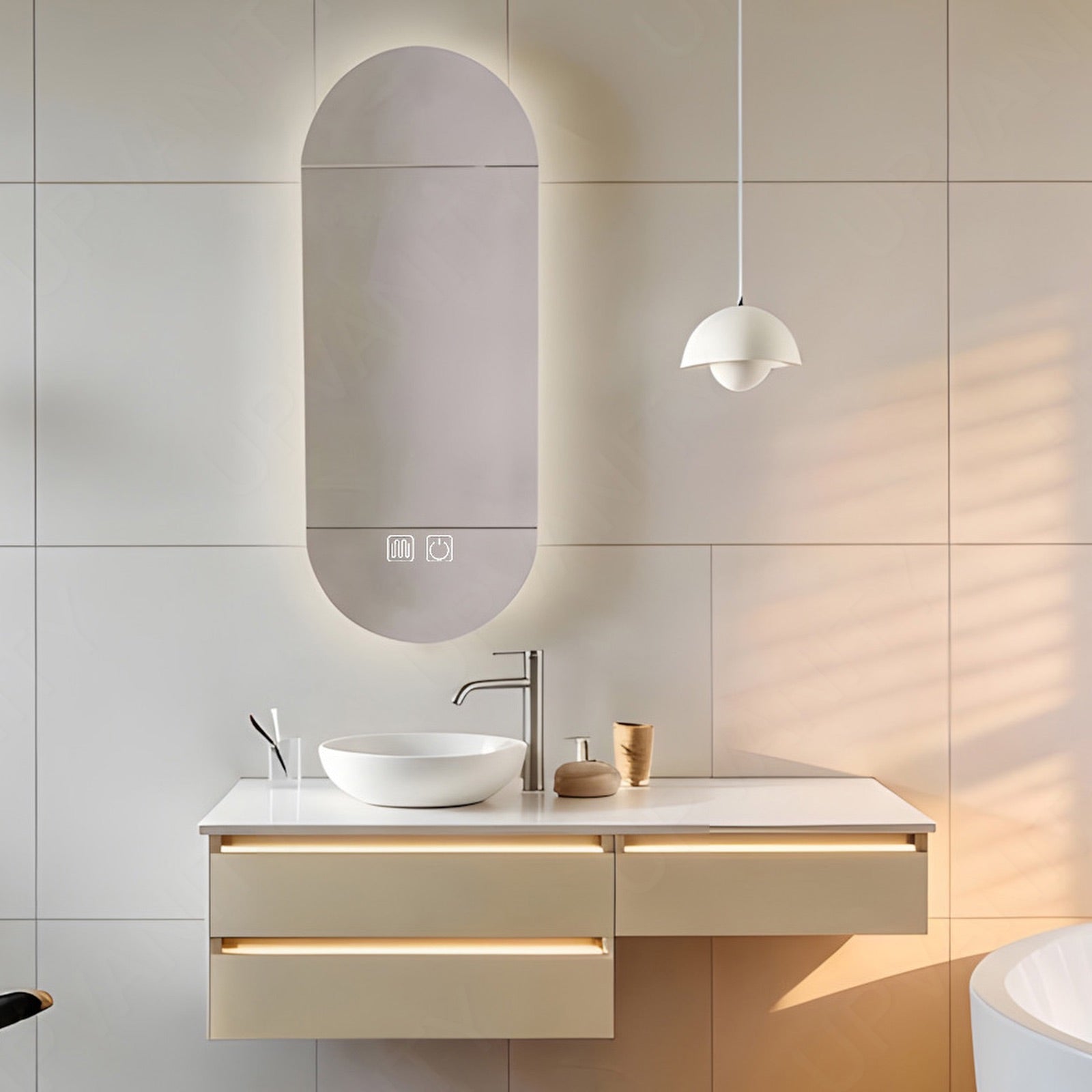 Elegant Bath Vanity Set, Beige, White Slate Top, 40"-56", Single Vessel Sink, Floating, Oval Smart LED Mirror, Sensor Light