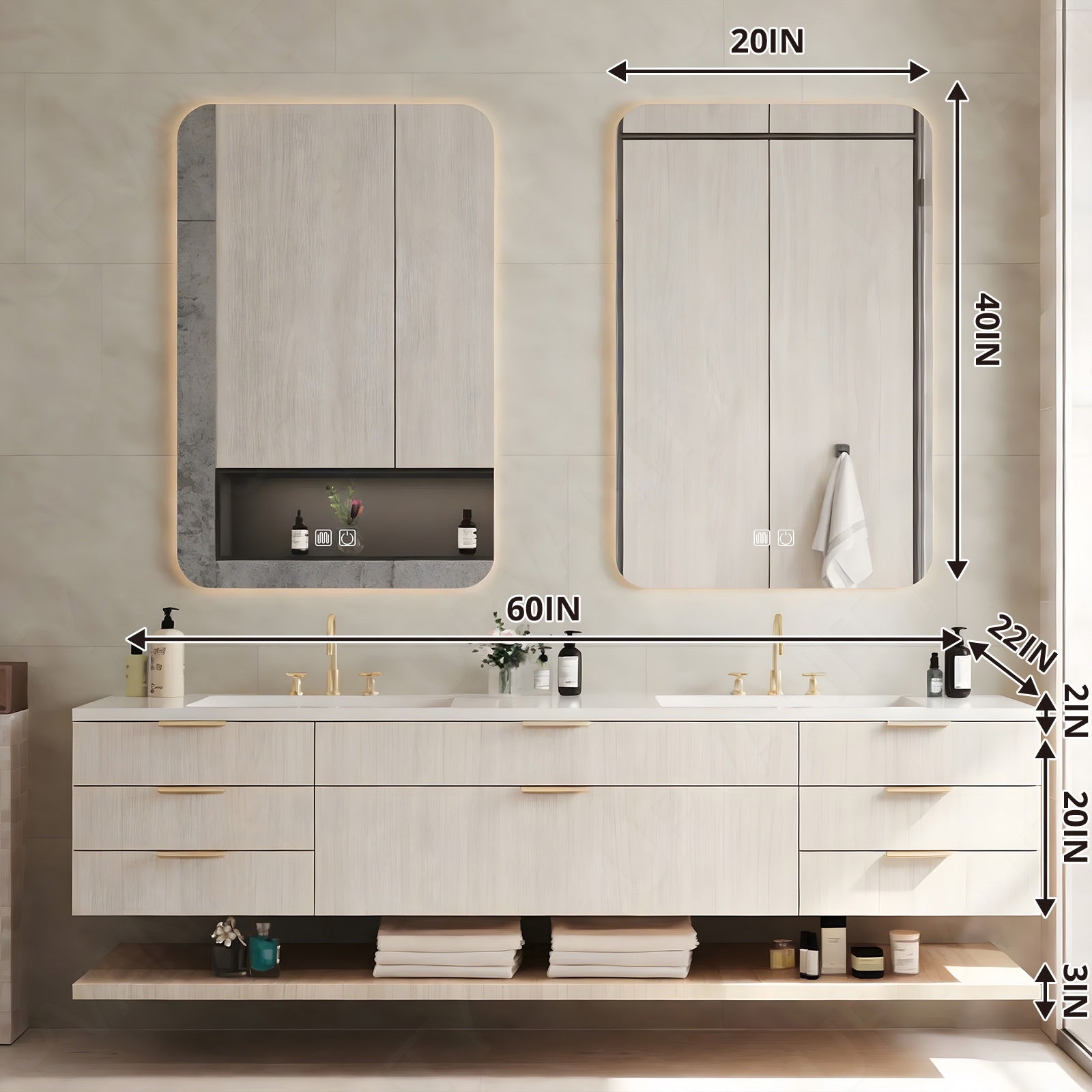 Elegant Bath Vanity Set, Beige, White Slate Top, 52"-78", Double, Floating, Gold Accents, Dual Smart LED Mirror