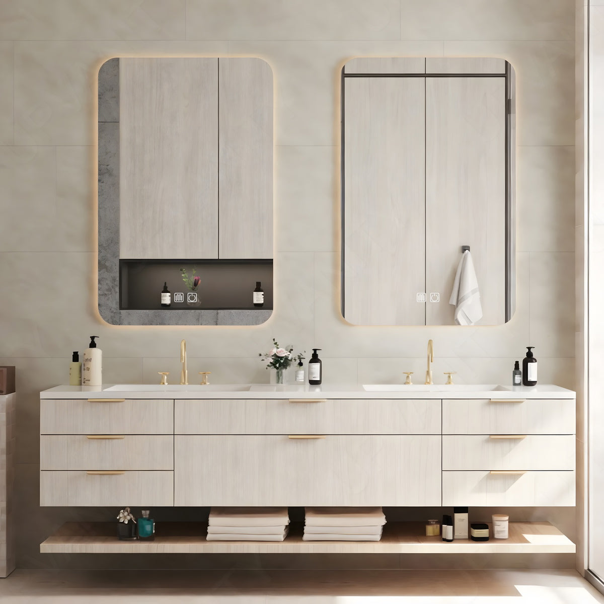 Elegant Bath Vanity Set, Beige, White Slate Top, 52"-78", Double, Floating, Gold Accents, Dual Smart LED Mirror