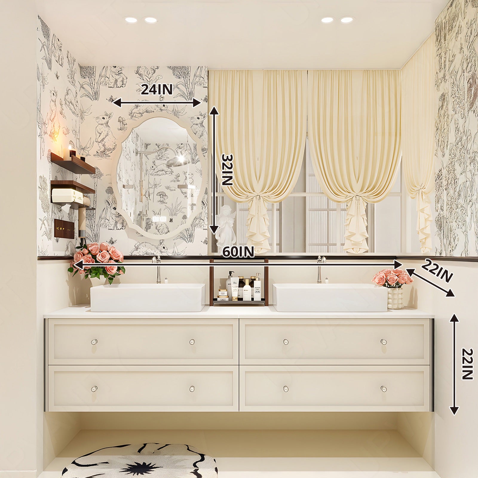 Elegant Bath Vanity Set, Beige, White Slate Top, 56"-78", Double Vessel Sink, Floating, Smart LED Mirror