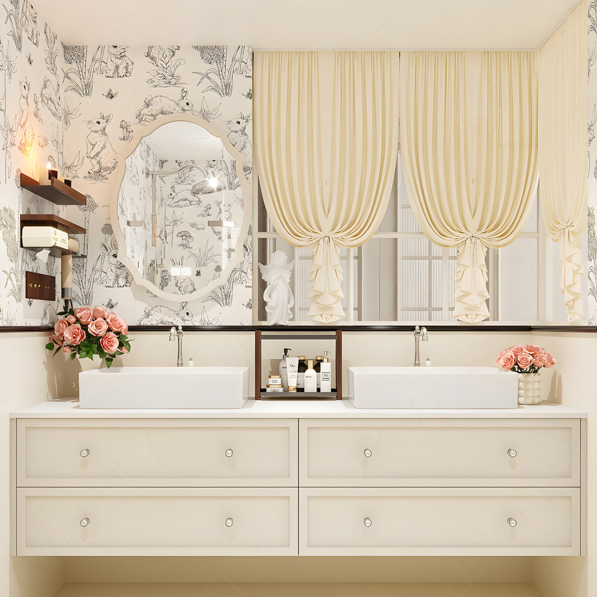 Elegant Bath Vanity Set, Beige, White Slate Top, 56"-78", Double Vessel Sink, Floating, Smart LED Mirror