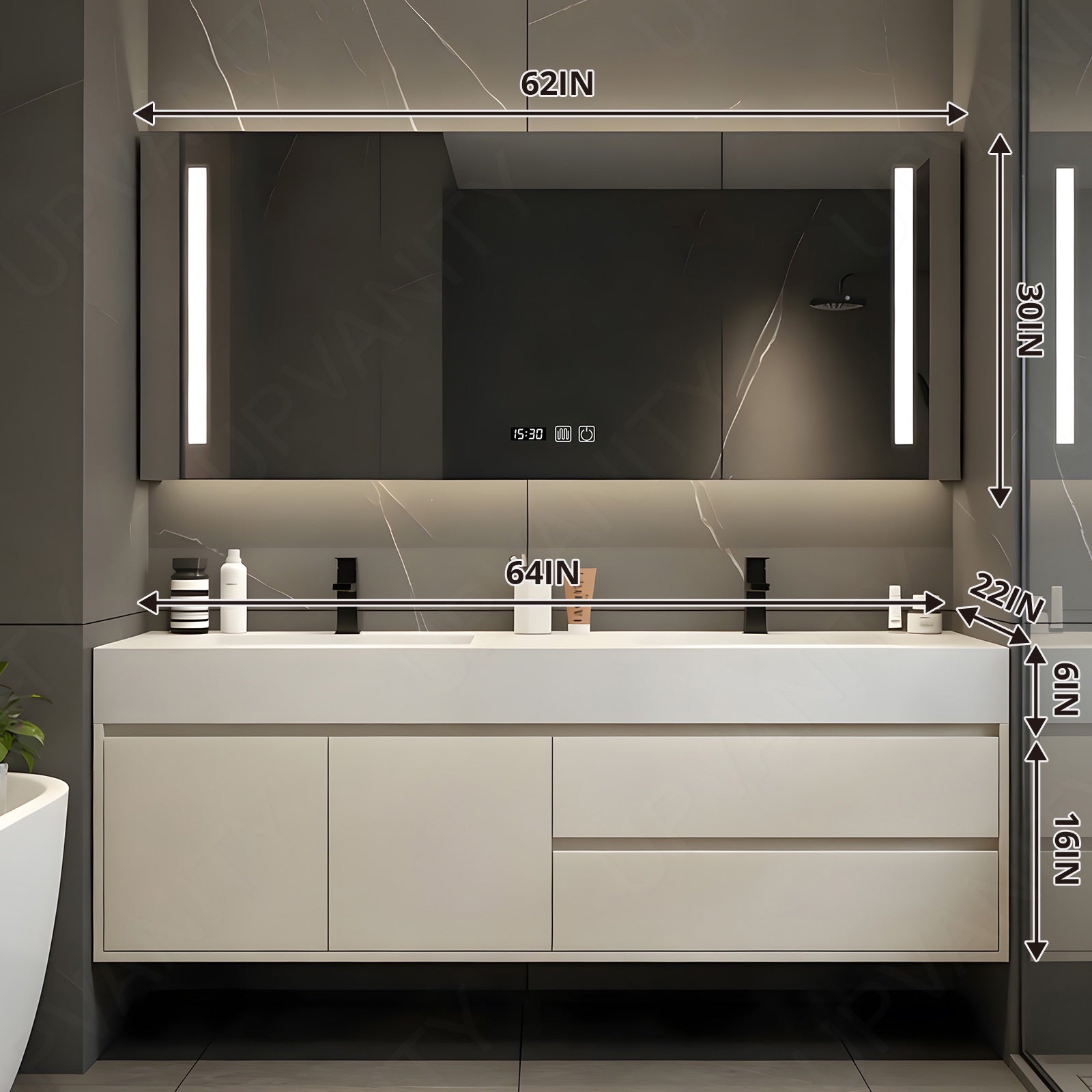 Elegant Bath Vanity Set, Beige, White Slate Top, Hidden Storage, 36"- 78", Double, Floating, Smart LED Mirror, Rear Cabinet