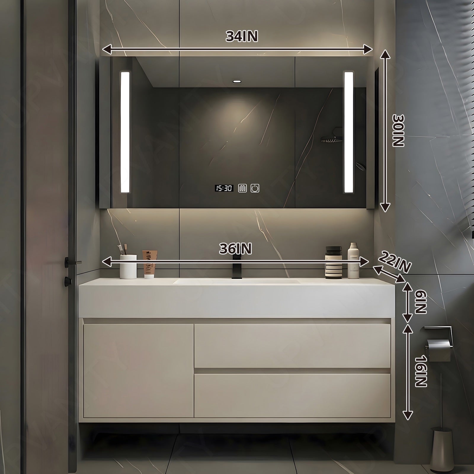 Elegant Bath Vanity Set, Beige, White Slate Top, Hidden Storage, 36"- 78", Double, Floating, Smart LED Mirror, Rear Cabinet