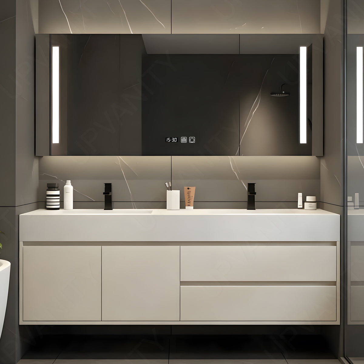 Elegant Bath Vanity Set, Beige, White Slate Top, Hidden Storage, 36"- 78", Double, Floating, Smart LED Mirror, Rear Cabinet