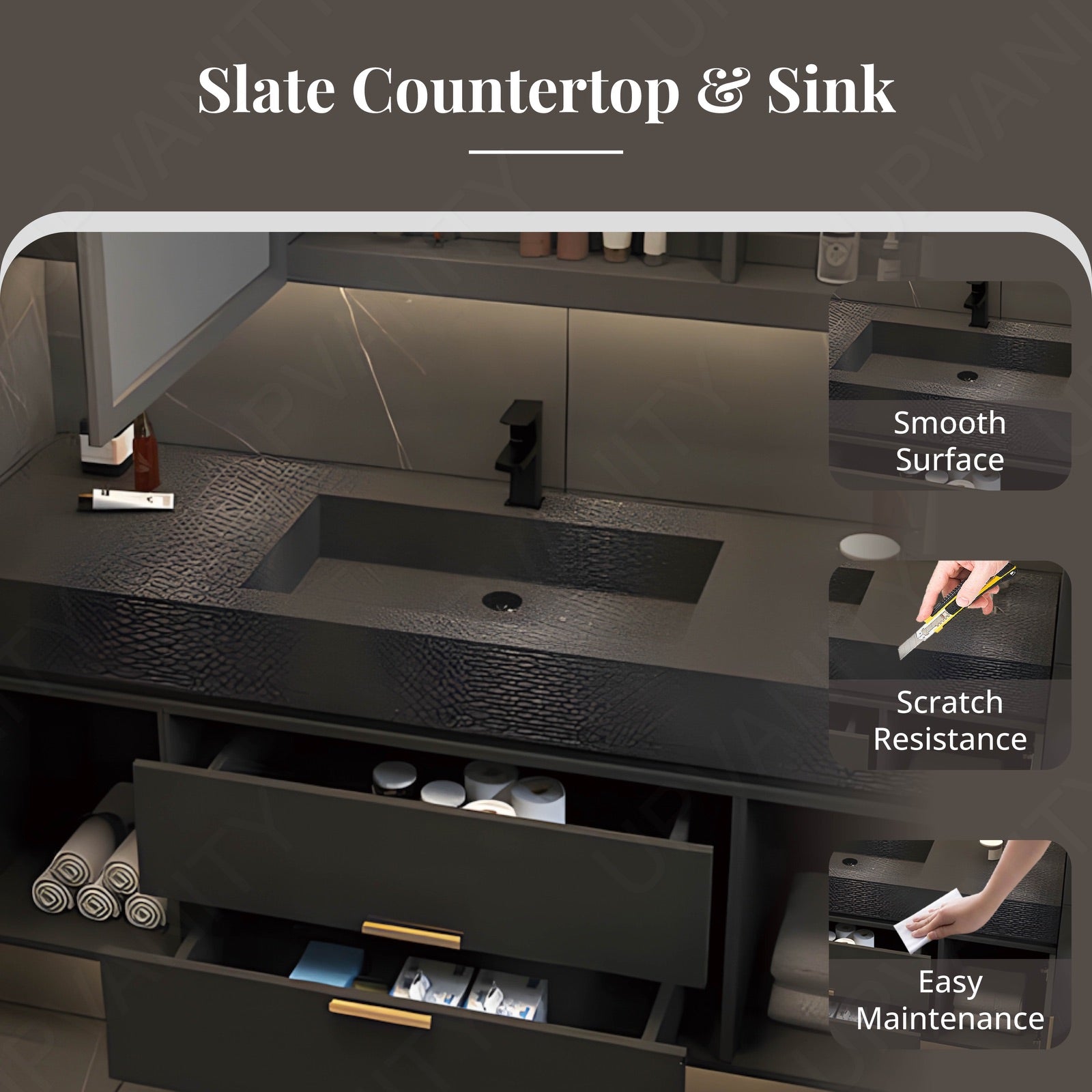 Elegant Bath Vanity Set, Black, Black Slate Top, 36"- 68", Single, Floating, Smart LED Mirror, Rear Cabinet