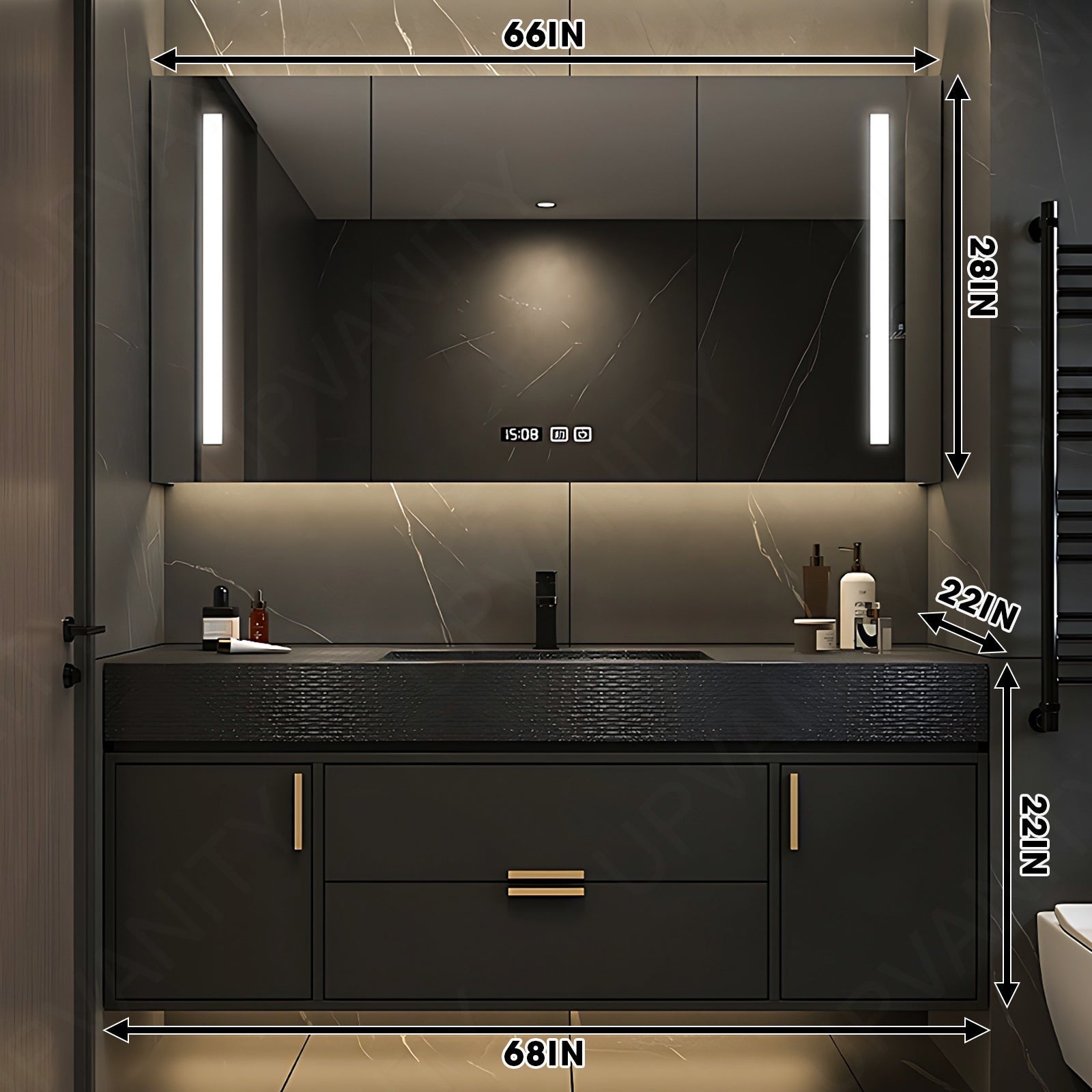 Elegant Bath Vanity Set, Black, Black Slate Top, 36"- 68", Single, Floating, Smart LED Mirror, Rear Cabinet