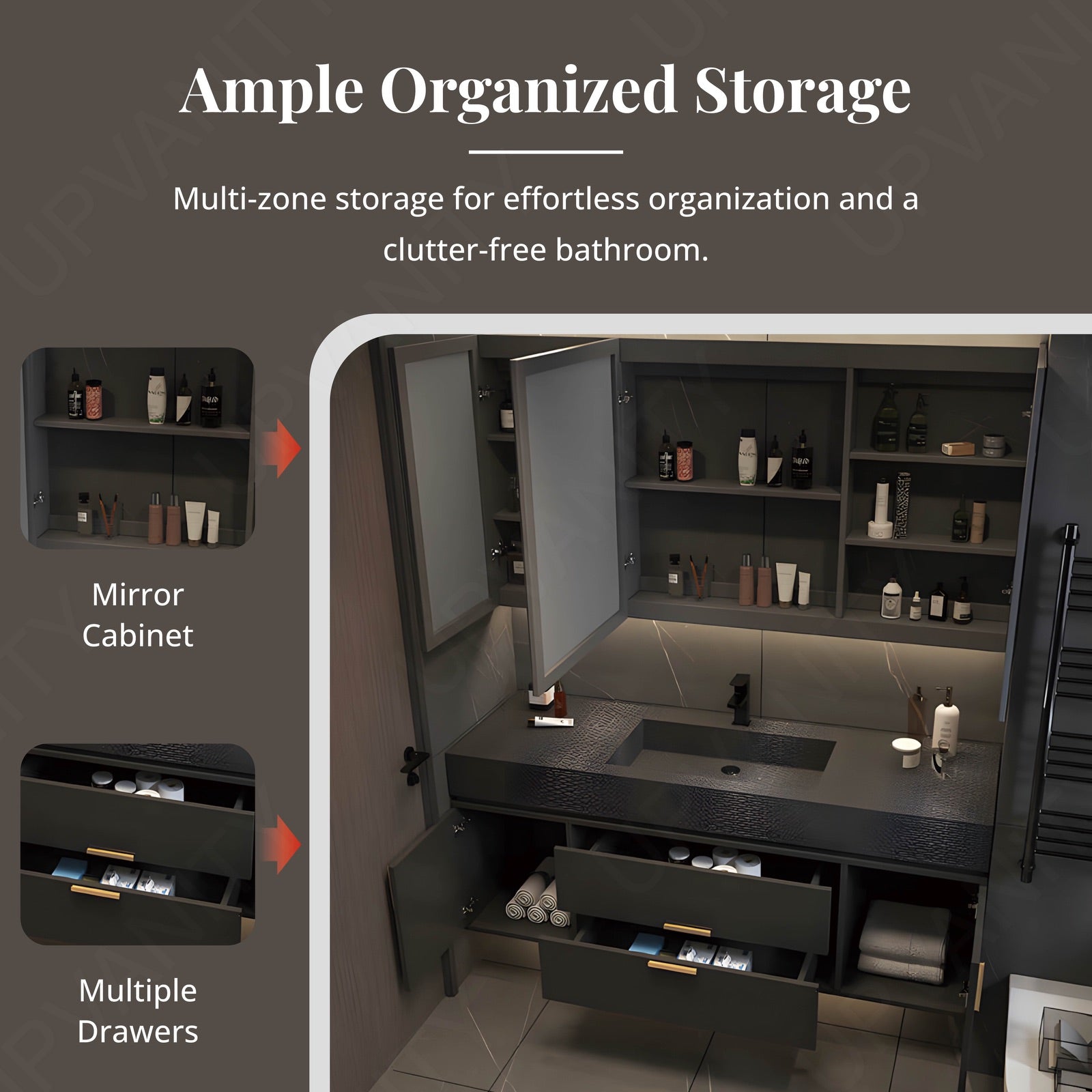 Elegant Bath Vanity Set, Black, Black Slate Top, 36"- 68", Single, Floating, Smart LED Mirror, Rear Cabinet