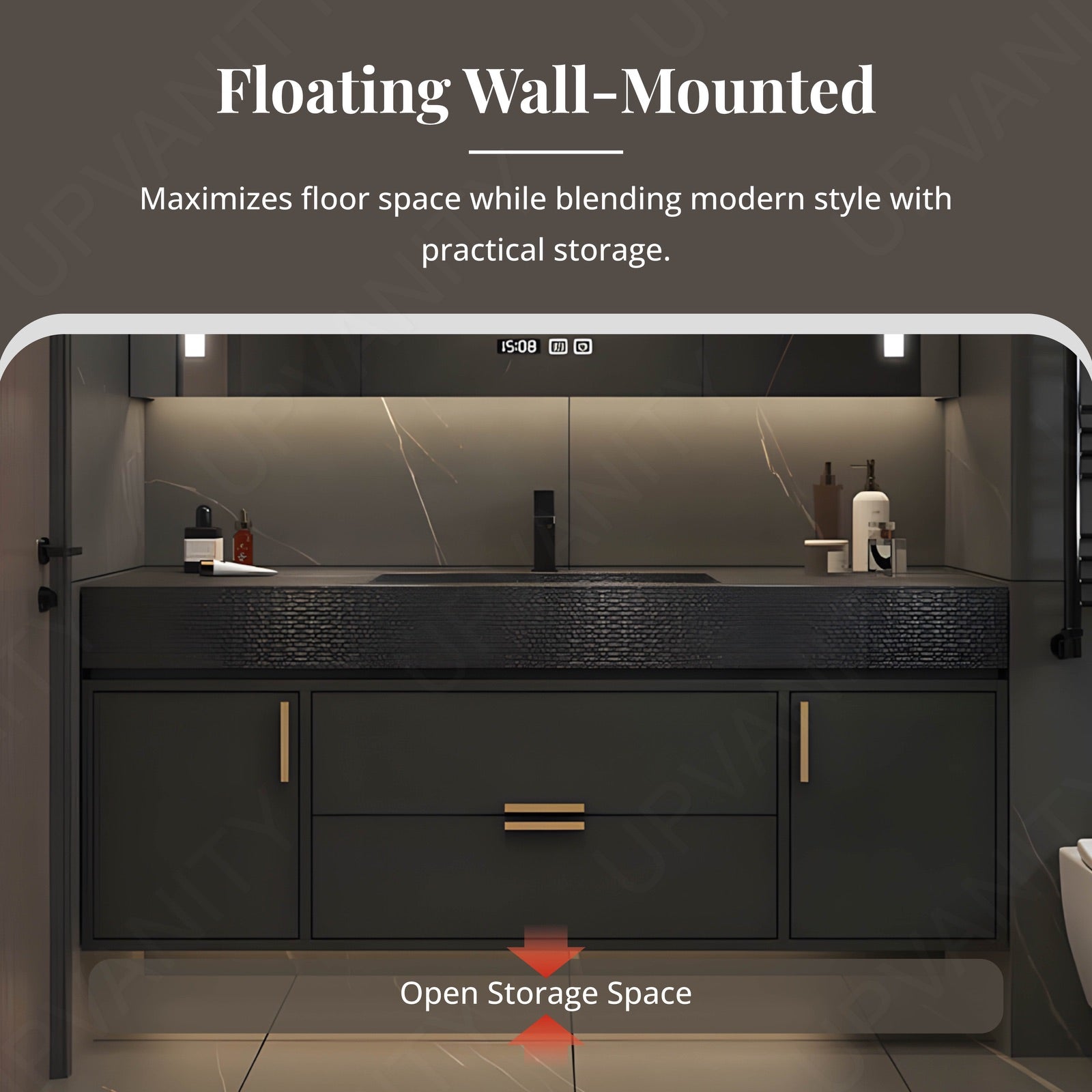 Elegant Bath Vanity Set, Black, Black Slate Top, 36"- 68", Single, Floating, Smart LED Mirror, Rear Cabinet