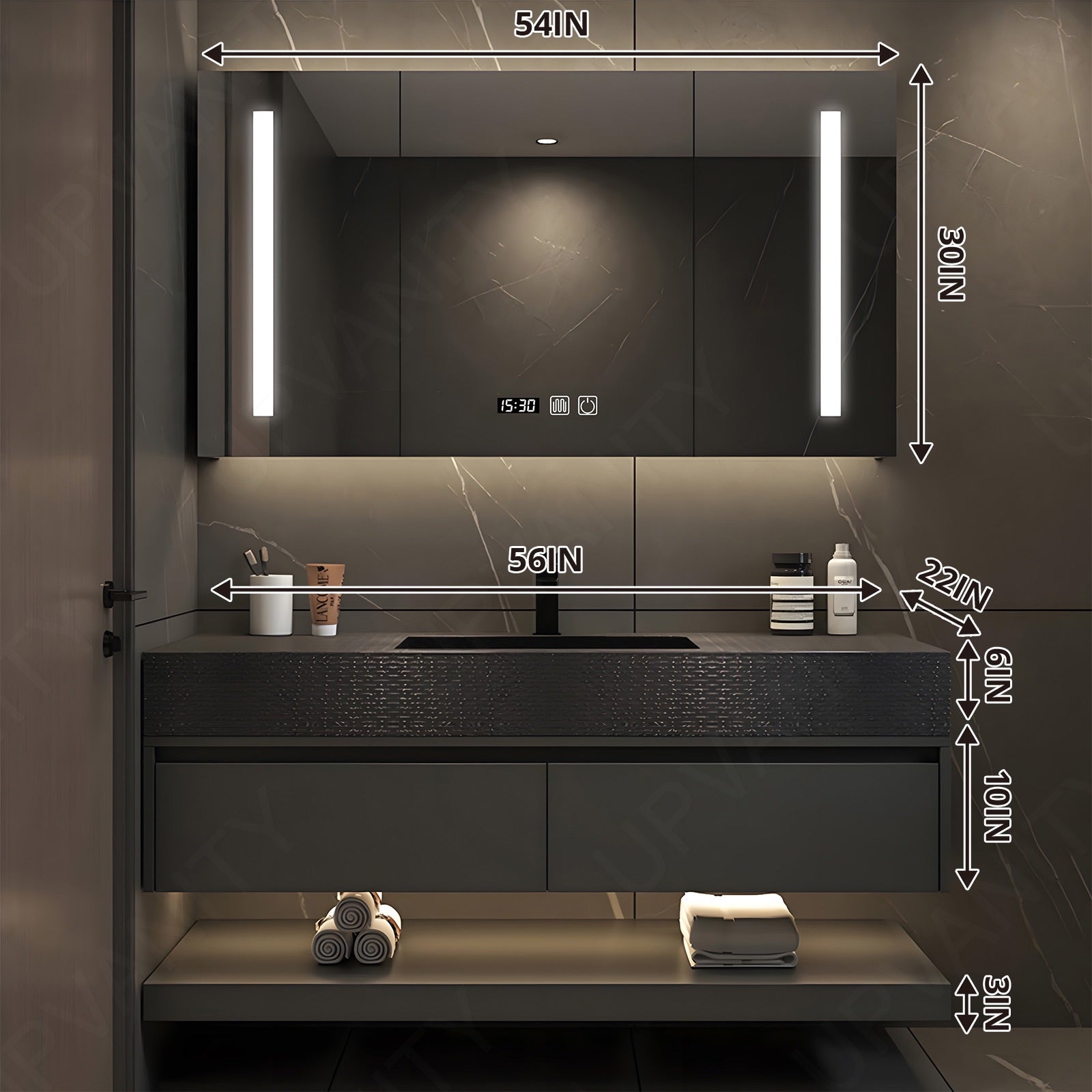 Elegant Bath Vanity Set, Black, Black Slate Top, 40"-56", Single, Floating, Open Storage, Smart LED Mirror, Rear Cabinet