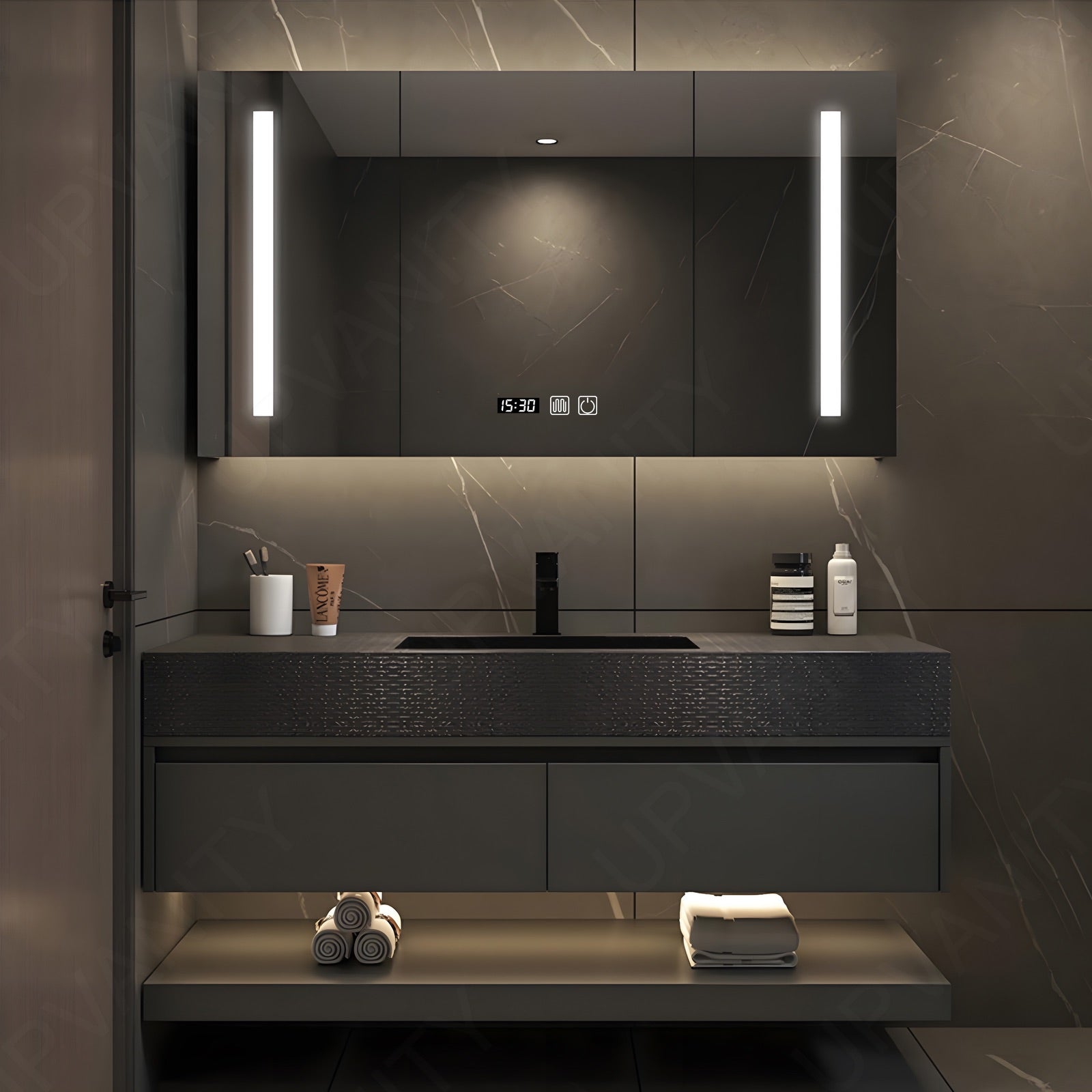 Elegant Bath Vanity Set, Black, Black Slate Top, 40"-56", Single, Floating, Open Storage, Smart LED Mirror, Rear Cabinet