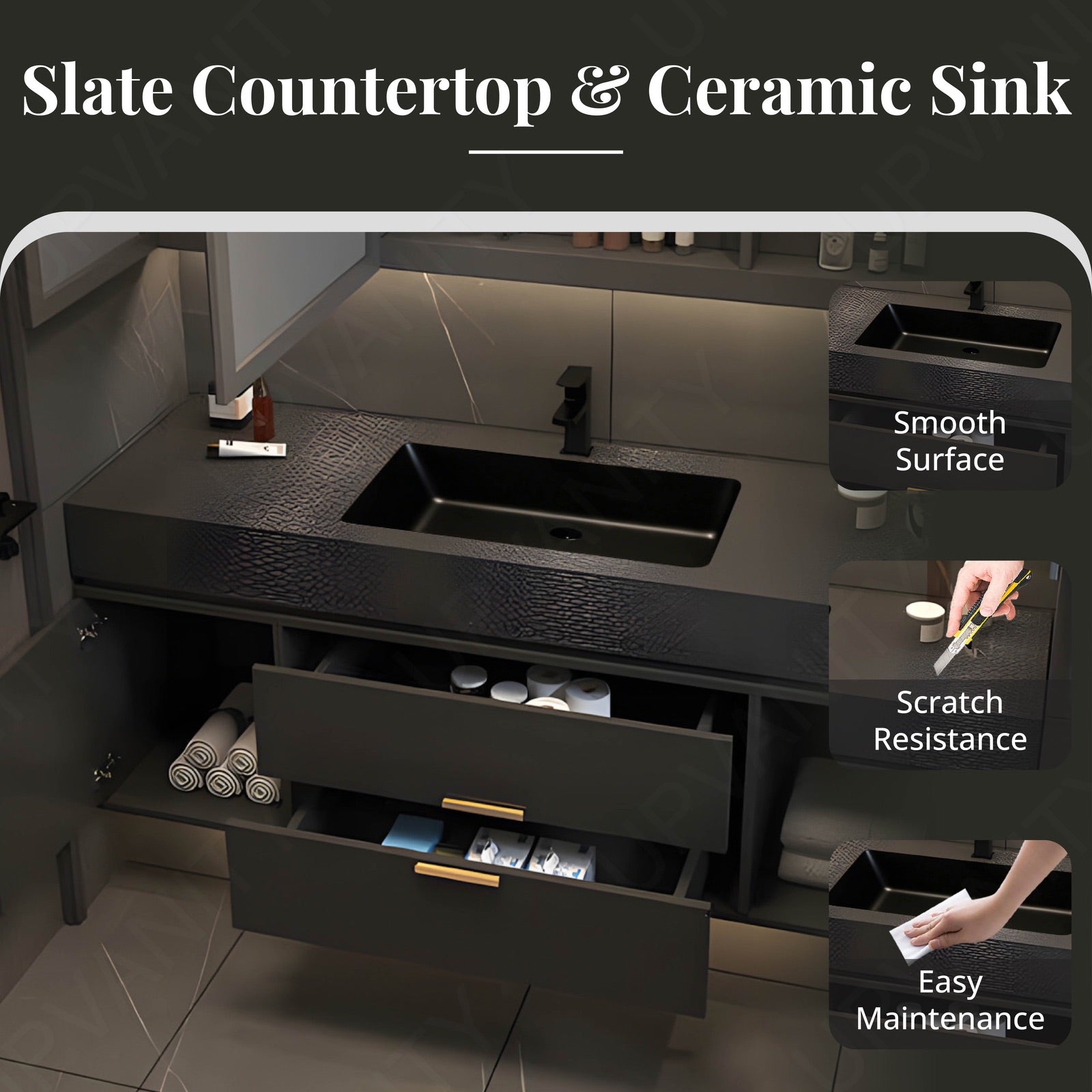 Elegant Bath Vanity Set, Black, Black Slate Top, 40"- 68", Single, Floating, Smart LED Mirror, Rear Cabinet