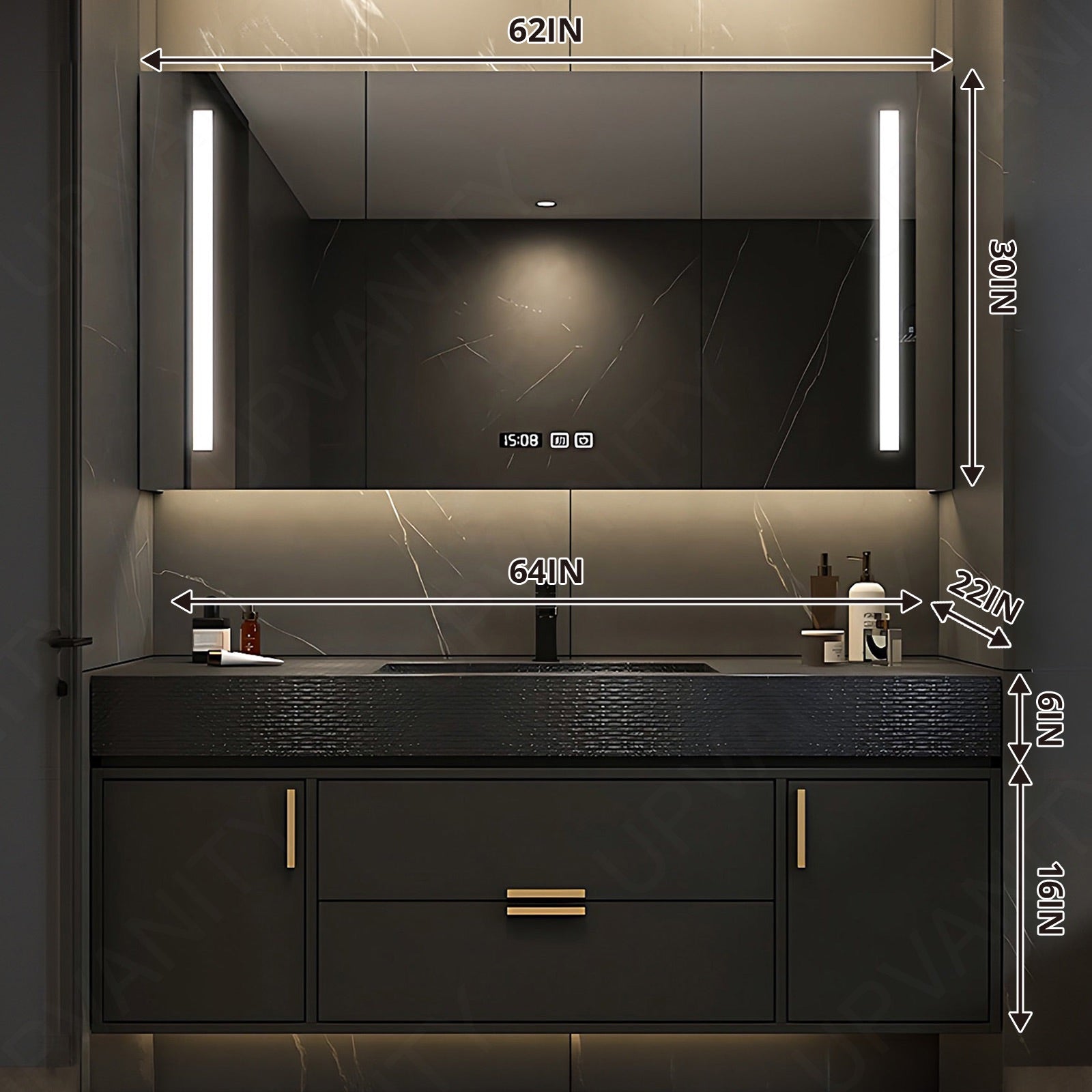 Elegant Bath Vanity Set, Black, Black Slate Top, 40"- 68", Single, Floating, Smart LED Mirror, Rear Cabinet