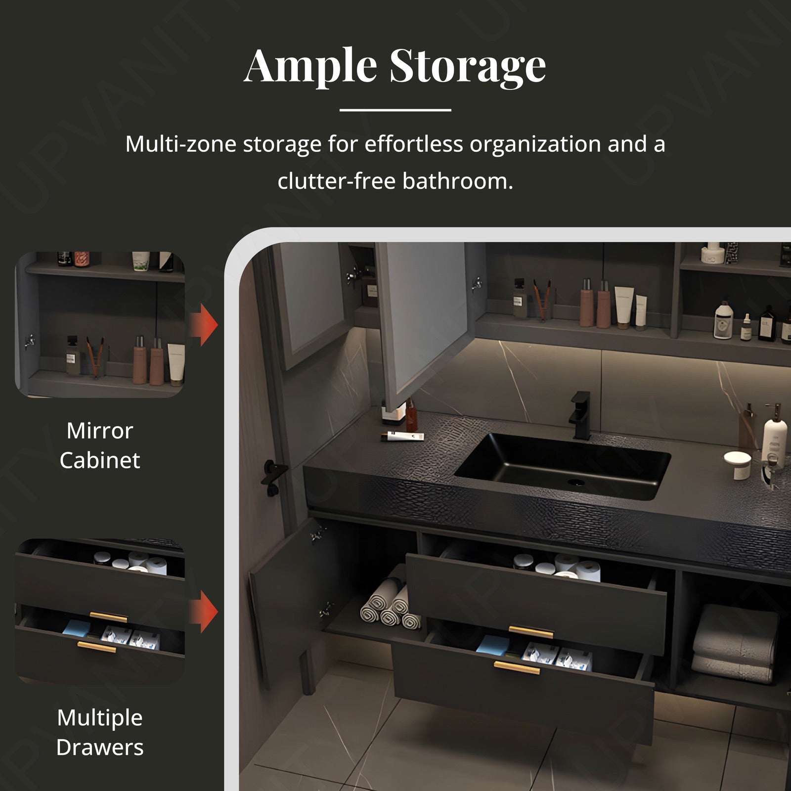 Elegant Bath Vanity Set, Black, Black Slate Top, 40"- 68", Single, Floating, Smart LED Mirror, Rear Cabinet