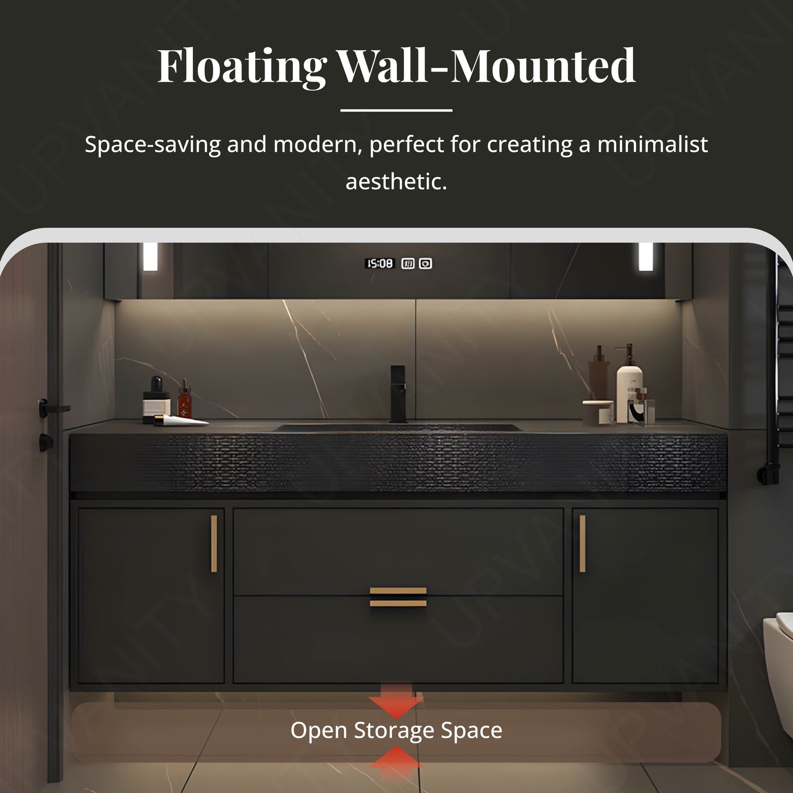 Elegant Bath Vanity Set, Black, Black Slate Top, 40"- 68", Single, Floating, Smart LED Mirror, Rear Cabinet