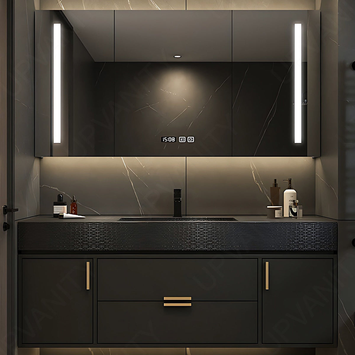 Elegant Bath Vanity Set, Black, Black Slate Top, 40"- 68", Single, Floating, Smart LED Mirror, Rear Cabinet