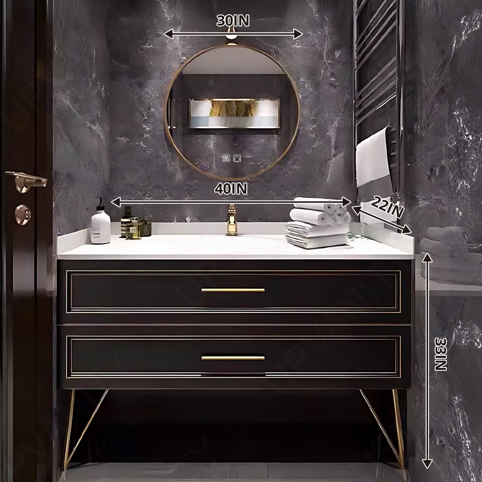 Elegant Bath Vanity Set, Black, Gold Accents, 36"- 52", Single, Freestanding, Round Smart LED Mirror