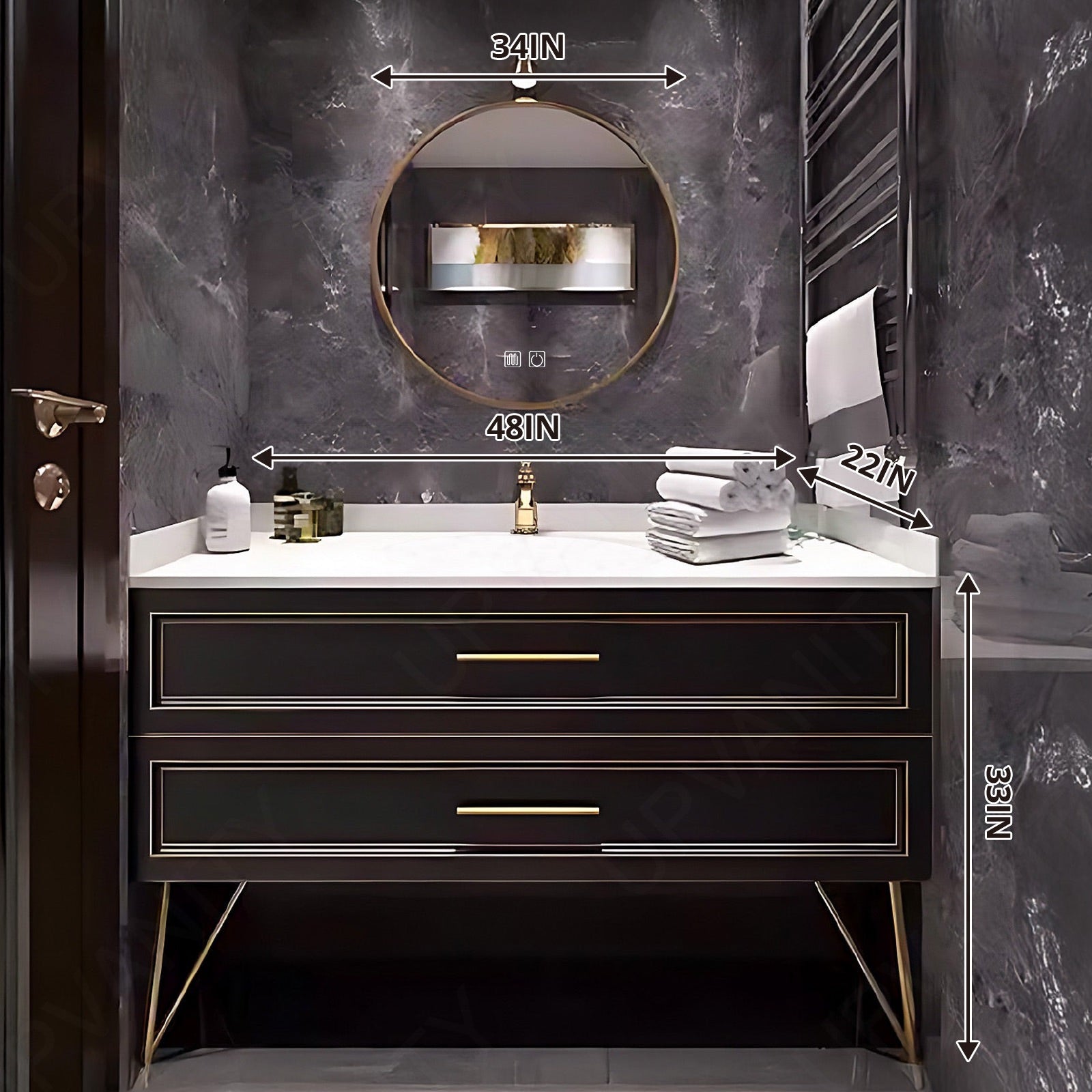 Elegant Bath Vanity Set, Black, Gold Accents, 36"- 52", Single, Freestanding, Round Smart LED Mirror