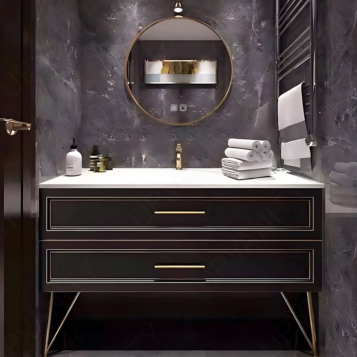 Elegant Bath Vanity Set, Black, Gold Accents, 36"- 52", Single, Freestanding, Round Smart LED Mirror