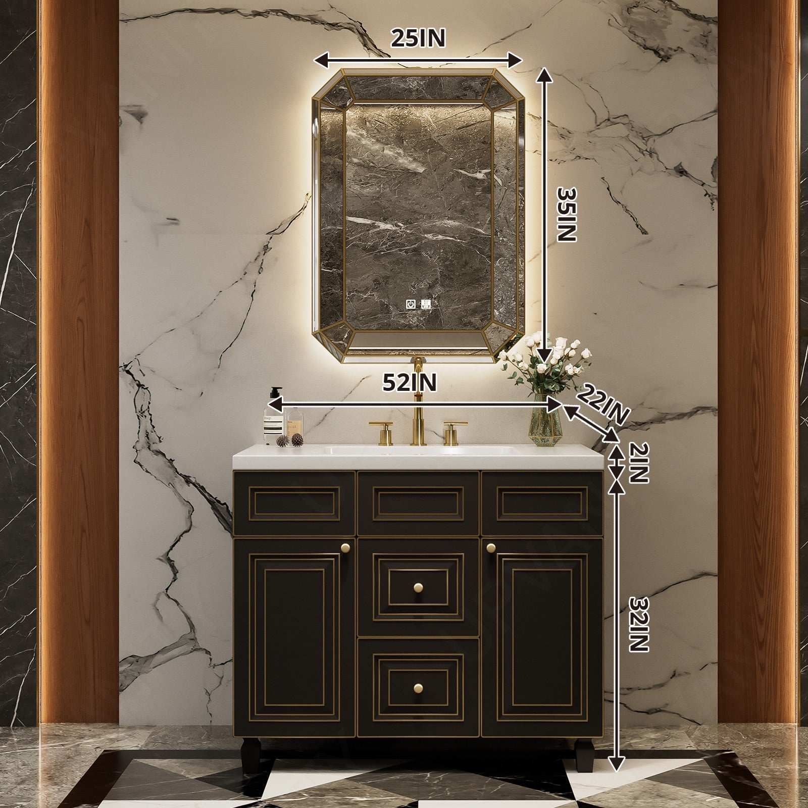 Elegant Bath Vanity Set, Black, Gold Accents, 40"-78", Single/Double, Freestanding, Classic Panel, Dual Smart LED Mirror