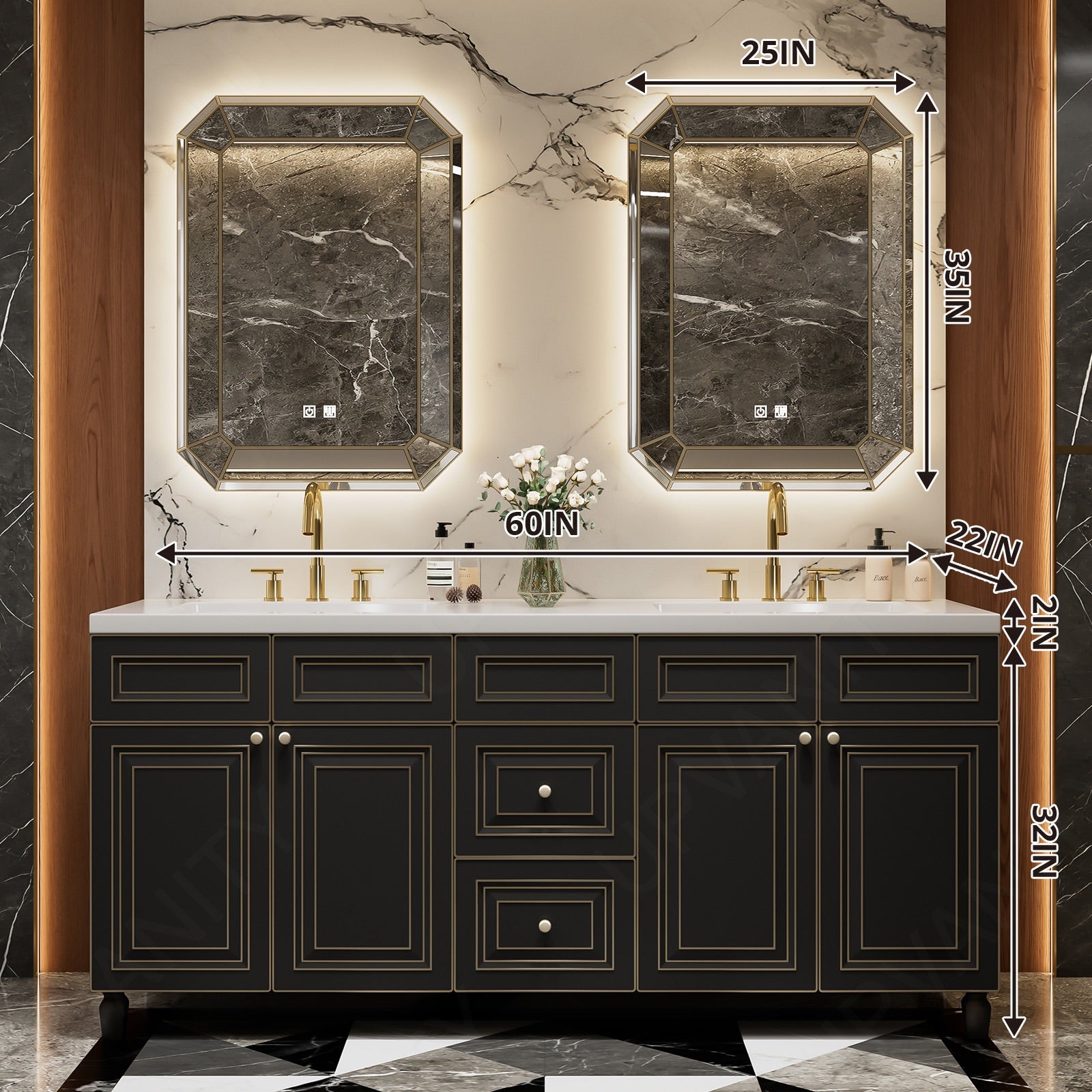Elegant Bath Vanity Set, Black, Gold Accents, 40"-78", Single/Double, Freestanding, Classic Panel, Dual Smart LED Mirror