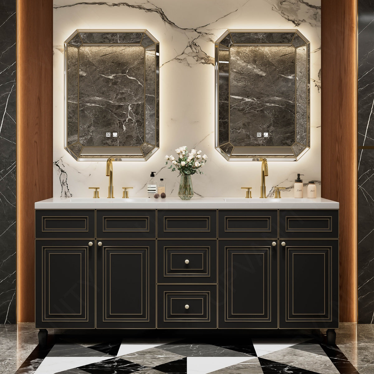 Elegant Bath Vanity Set, Black, Gold Accents, 40"-78", Single/Double, Freestanding, Classic Panel, Dual Smart LED Mirror