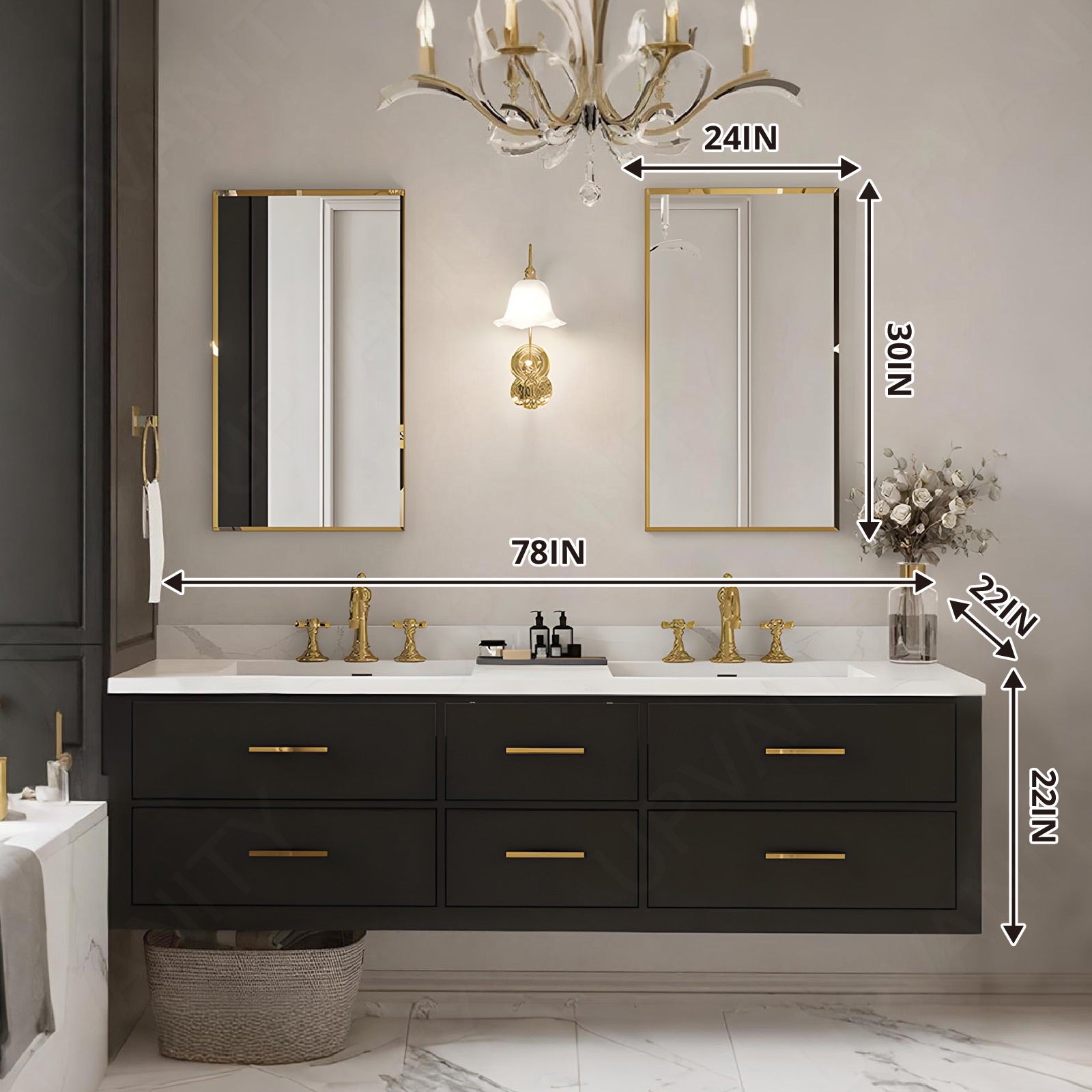 Elegant Bath Vanity Set, Black, Gold Accents, 52"-78", Double, Floating, Sectional Storage, Dual Smart LED Mirror