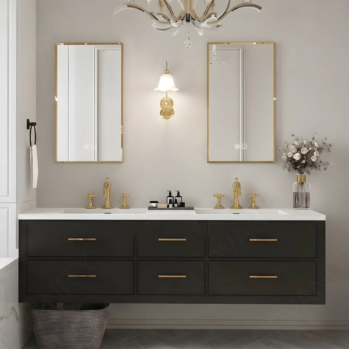 Elegant Bath Vanity Set, Black, Gold Accents, 52"-78", Double, Floating, Sectional Storage, Dual Smart LED Mirror