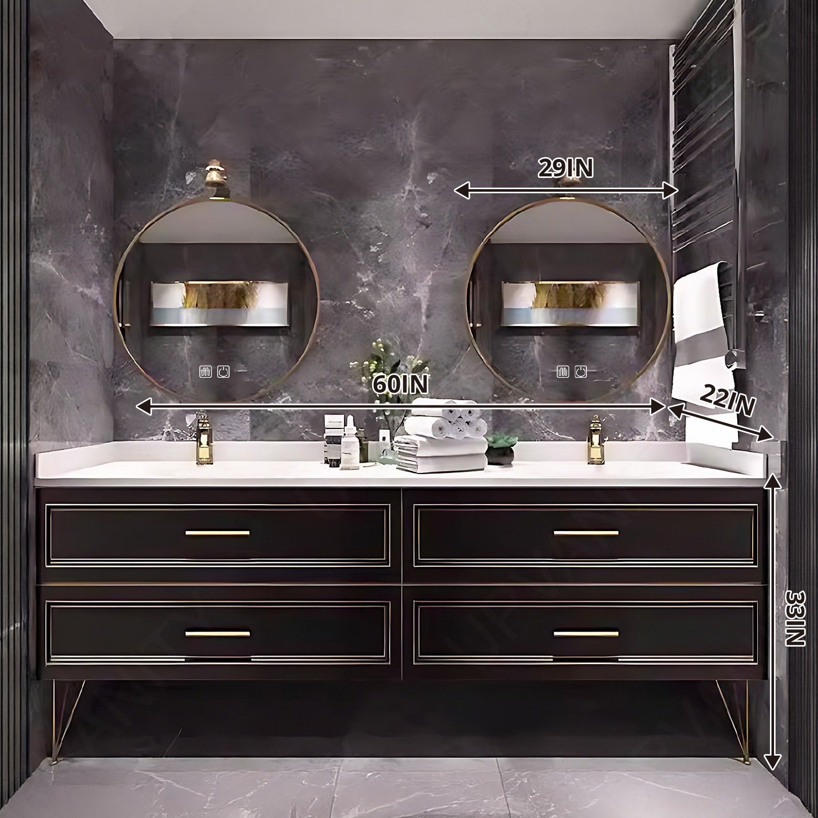 Elegant Bath Vanity Set, Black, Gold Accents, 56"- 72", Double, Freestanding, Round Smart LED Mirror
