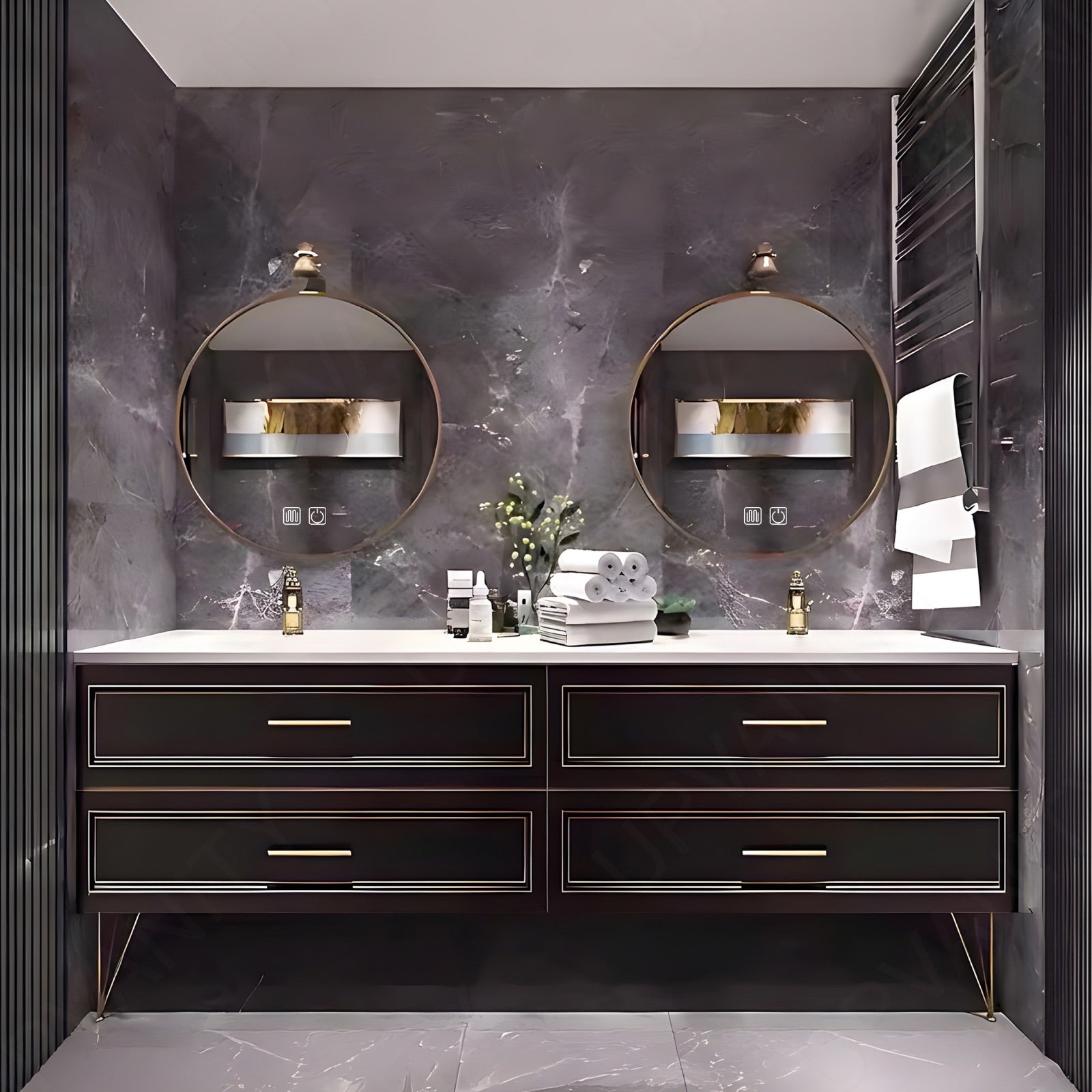 Elegant Bath Vanity Set, Black, Gold Accents, 56"- 72", Double, Freestanding, Round Smart LED Mirror