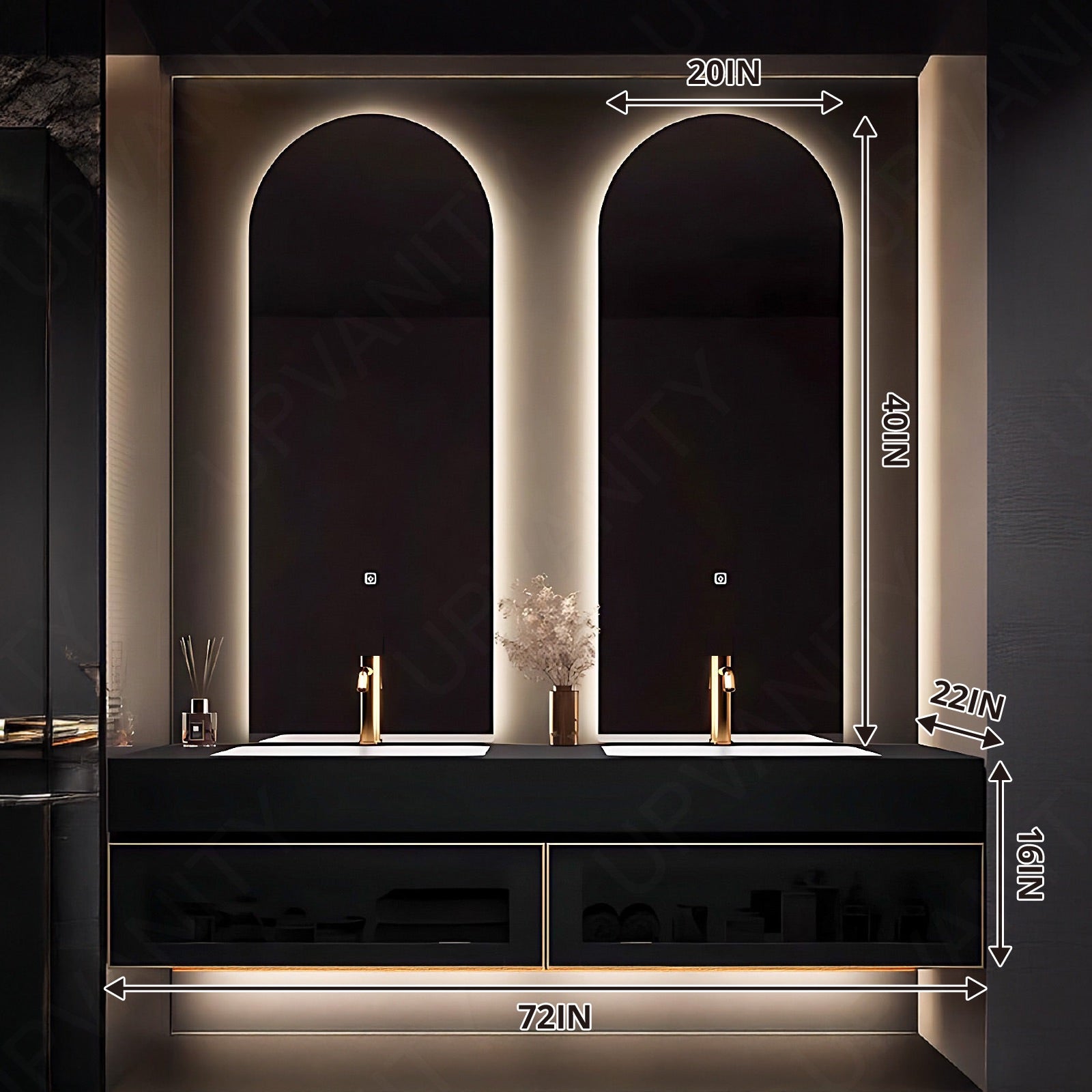 Elegant Bath Vanity Set, Black, Gold Accents, 56"- 78", Double, Floating, Oval Smart LED Mirror