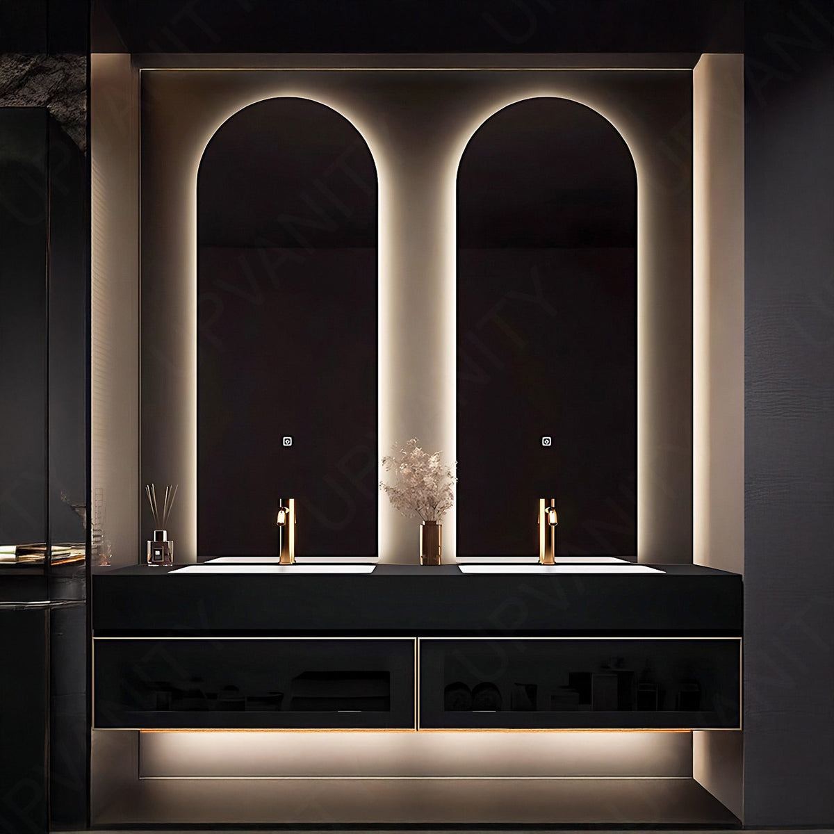 Elegant Bath Vanity Set, Black, Gold Accents, 56"- 78", Double, Floating, Oval Smart LED Mirror