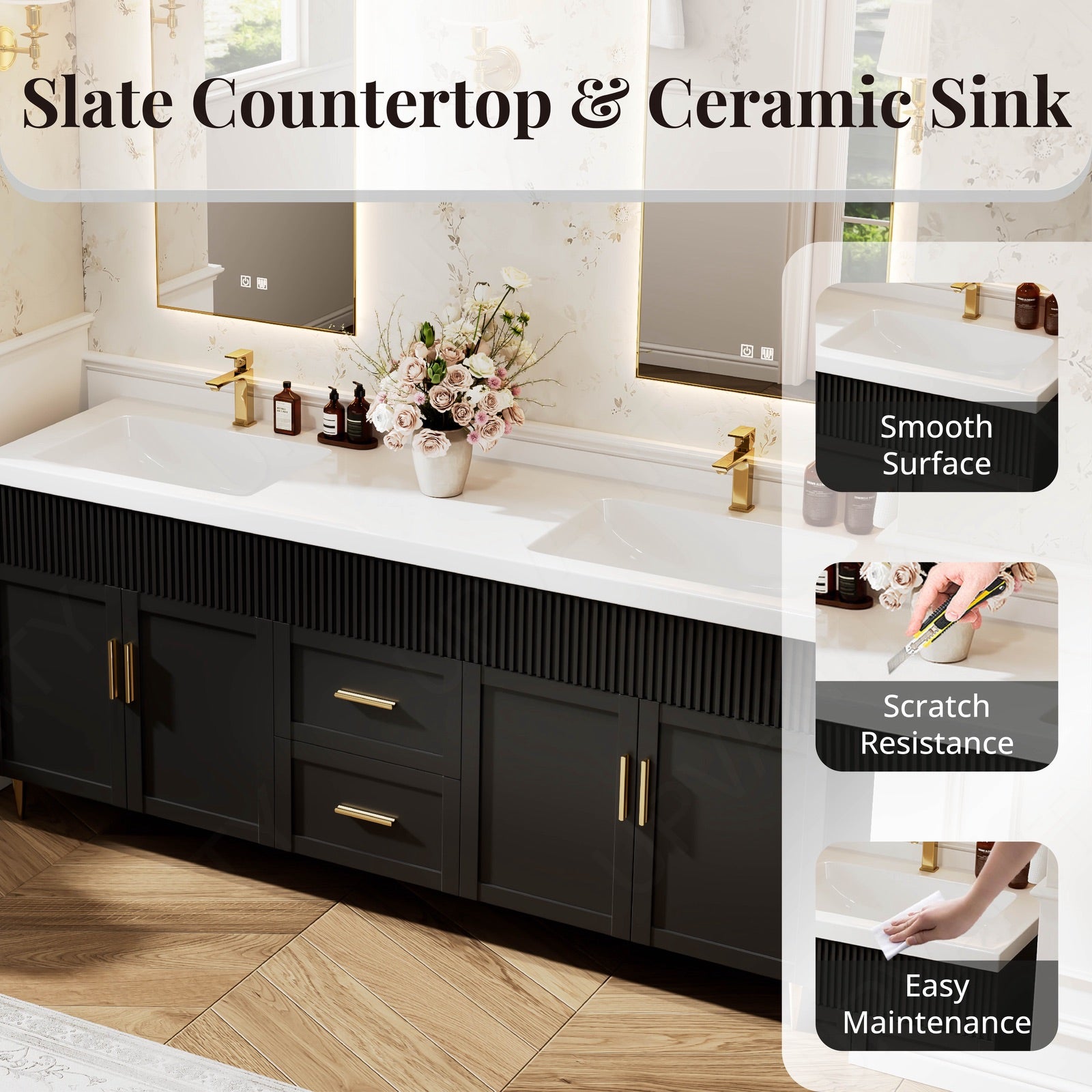 Elegant Bath Vanity Set, Black, Gold Accents, 72"-104", Double, Freestanding, Striped Panel, Hidden Storage, Dual Smart LED Mirror
