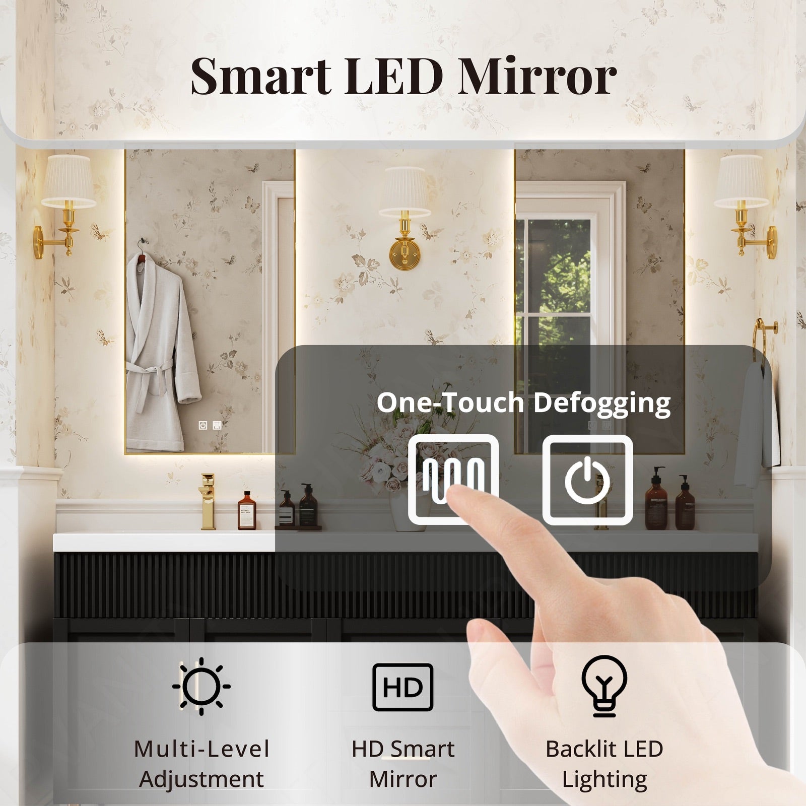 Elegant Bath Vanity Set, Black, Gold Accents, 72"-104", Double, Freestanding, Striped Panel, Hidden Storage, Dual Smart LED Mirror