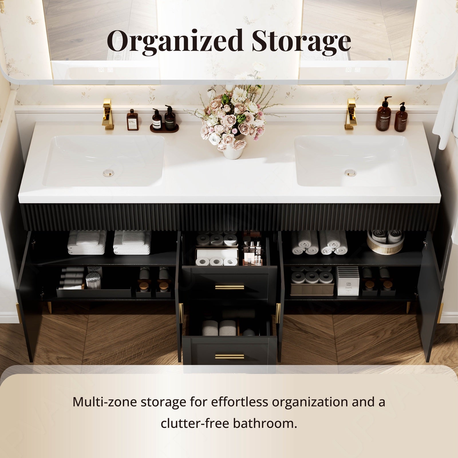Elegant Bath Vanity Set, Black, Gold Accents, 72"-104", Double, Freestanding, Striped Panel, Hidden Storage, Dual Smart LED Mirror