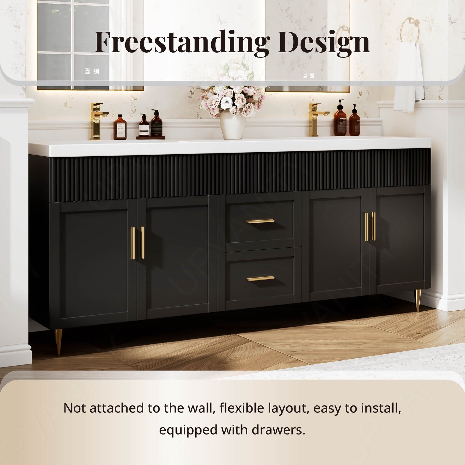 Elegant Bath Vanity Set, Black, Gold Accents, 72"-104", Double, Freestanding, Striped Panel, Hidden Storage, Dual Smart LED Mirror