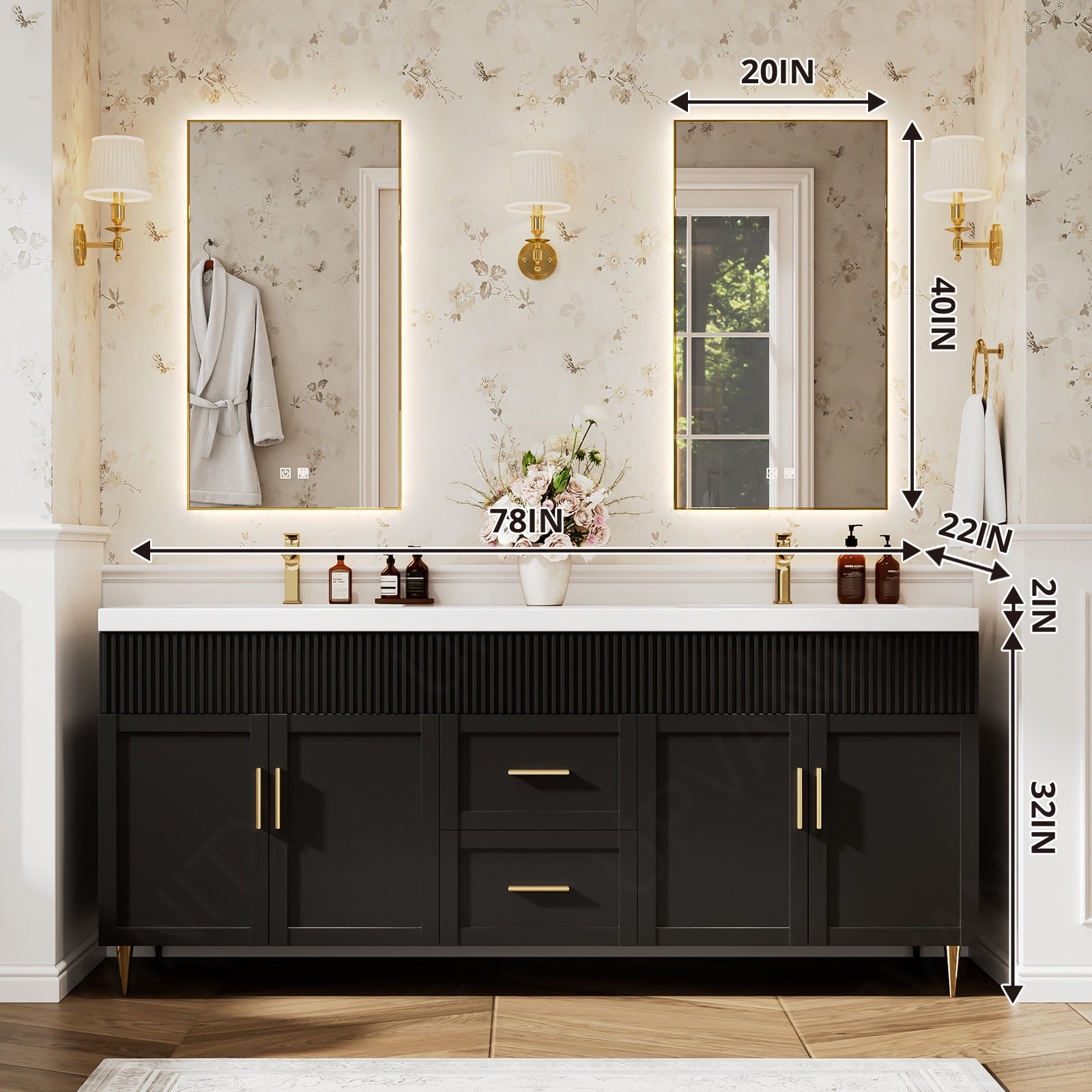 Elegant Bath Vanity Set, Black, Gold Accents, 72"-104", Double, Freestanding, Striped Panel, Hidden Storage, Dual Smart LED Mirror