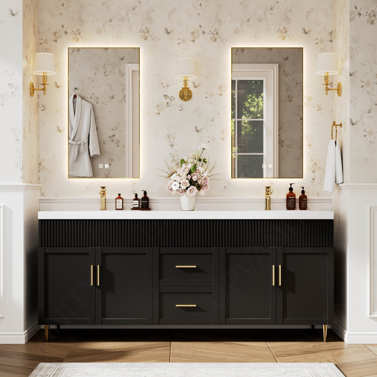 Elegant Bath Vanity Set, Black, Gold Accents, 72"-104", Double, Freestanding, Striped Panel, Hidden Storage, Dual Smart LED Mirror