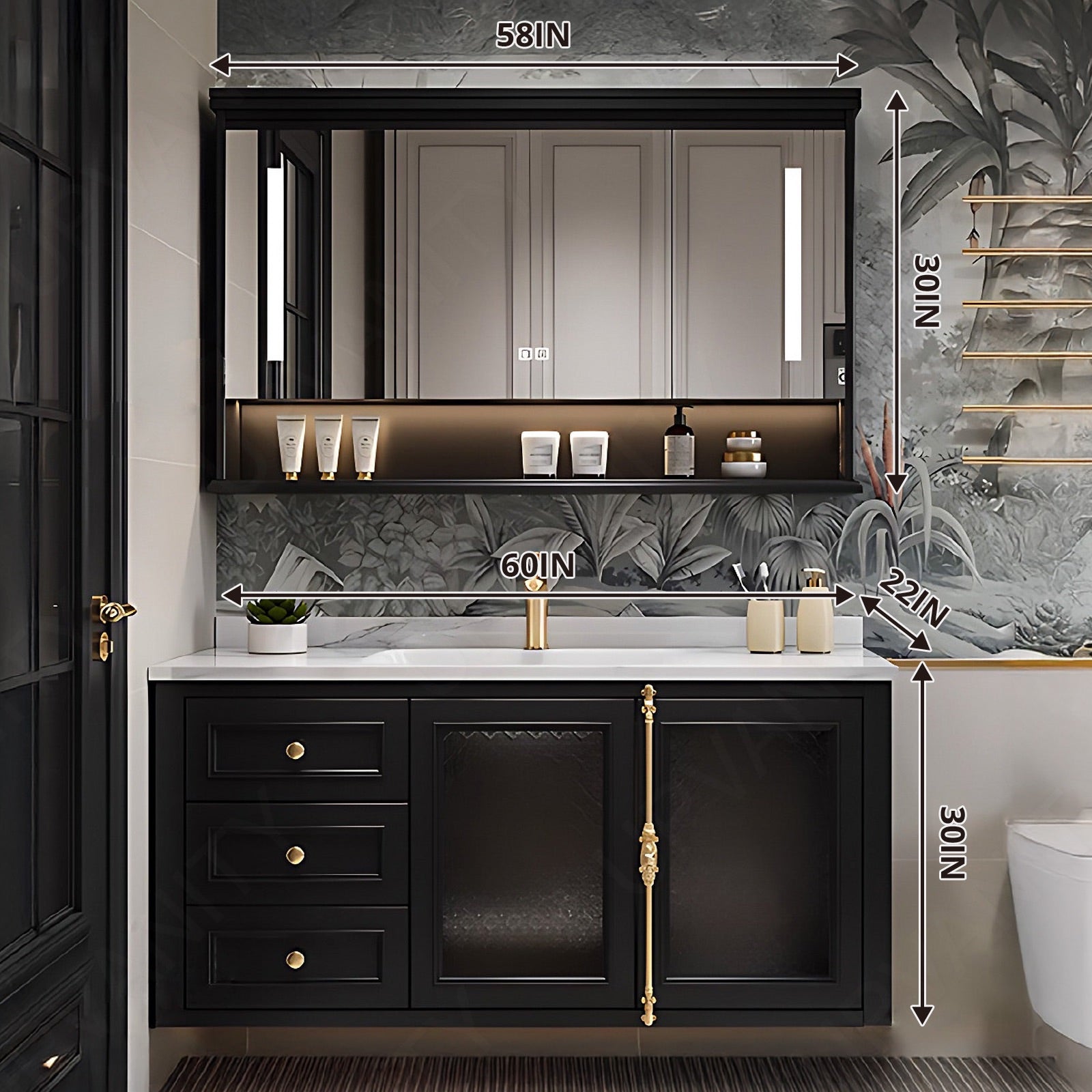 Elegant Bath Vanity Set, Black, Gold Accents, Open Storage, 40"- 64", Single, Floating, Smart LED Mirror, Rear Cabinet