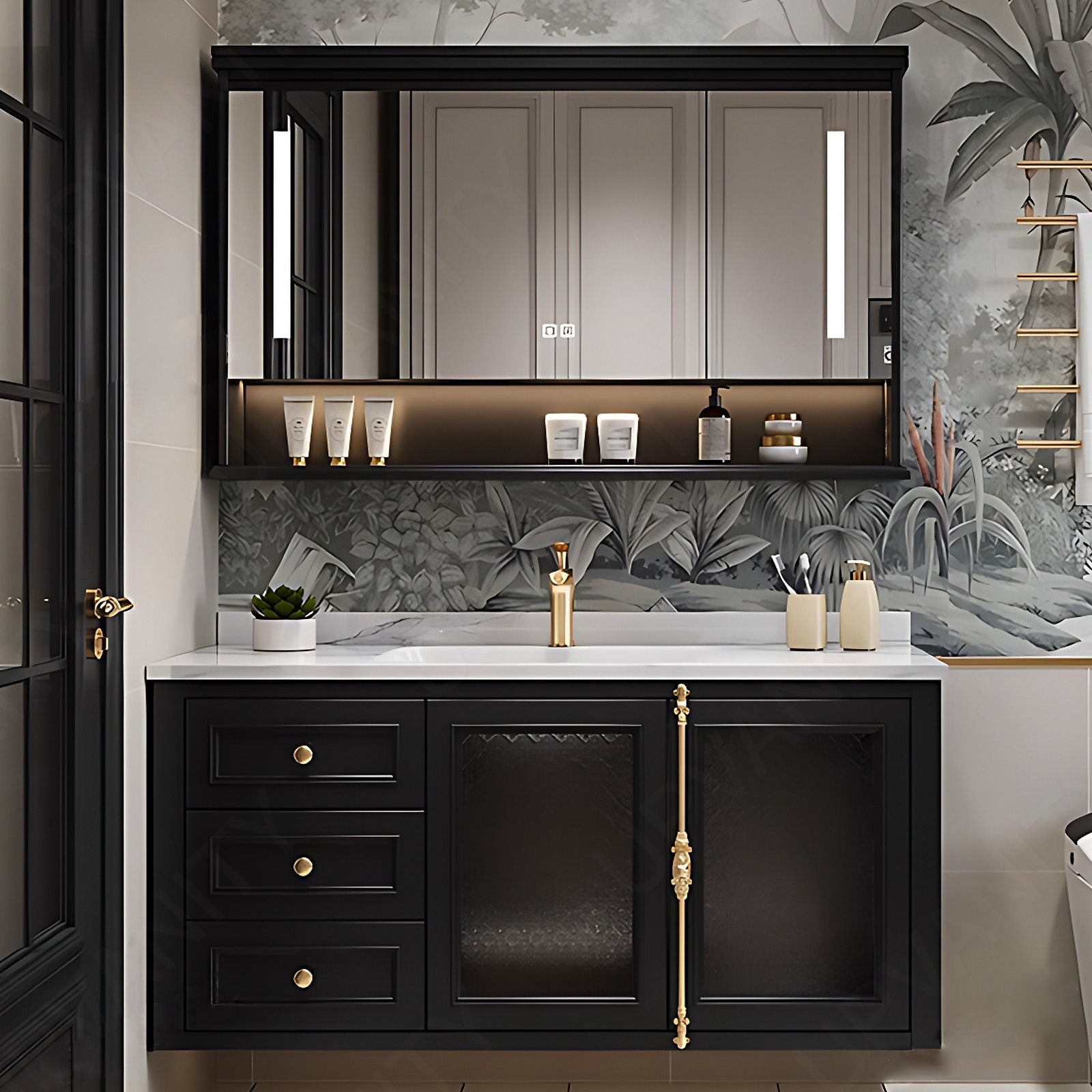 Elegant Bath Vanity Set, Black, Gold Accents, Open Storage, 40"- 64", Single, Floating, Smart LED Mirror, Rear Cabinet