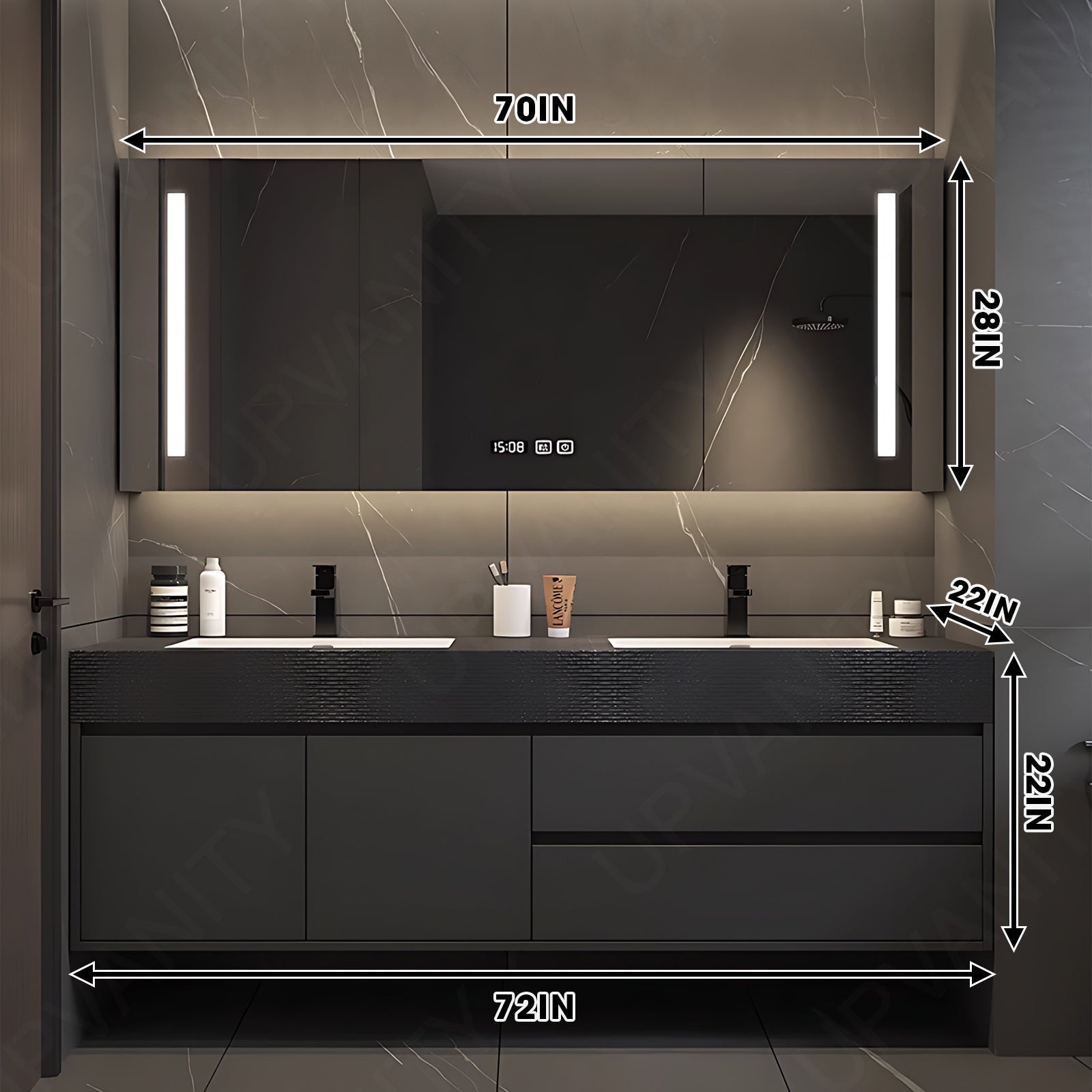 Elegant Bath Vanity Set, Black, Hidden Storage, 36"- 78", Double, Floating, Smart LED Mirror, Rear Cabinet