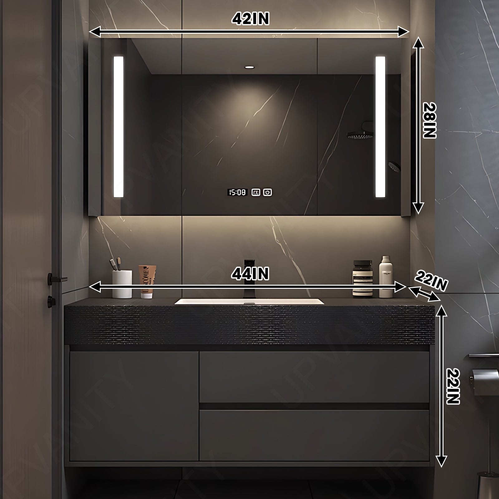 Elegant Bath Vanity Set, Black, Hidden Storage, 36"- 78", Double, Floating, Smart LED Mirror, Rear Cabinet