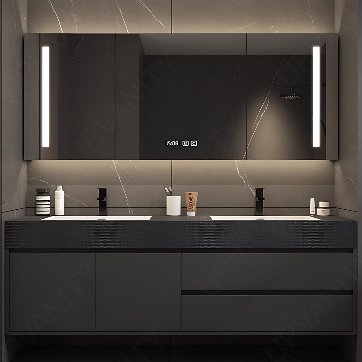 Elegant Bath Vanity Set, Black, Hidden Storage, 36"- 78", Double, Floating, Smart LED Mirror, Rear Cabinet