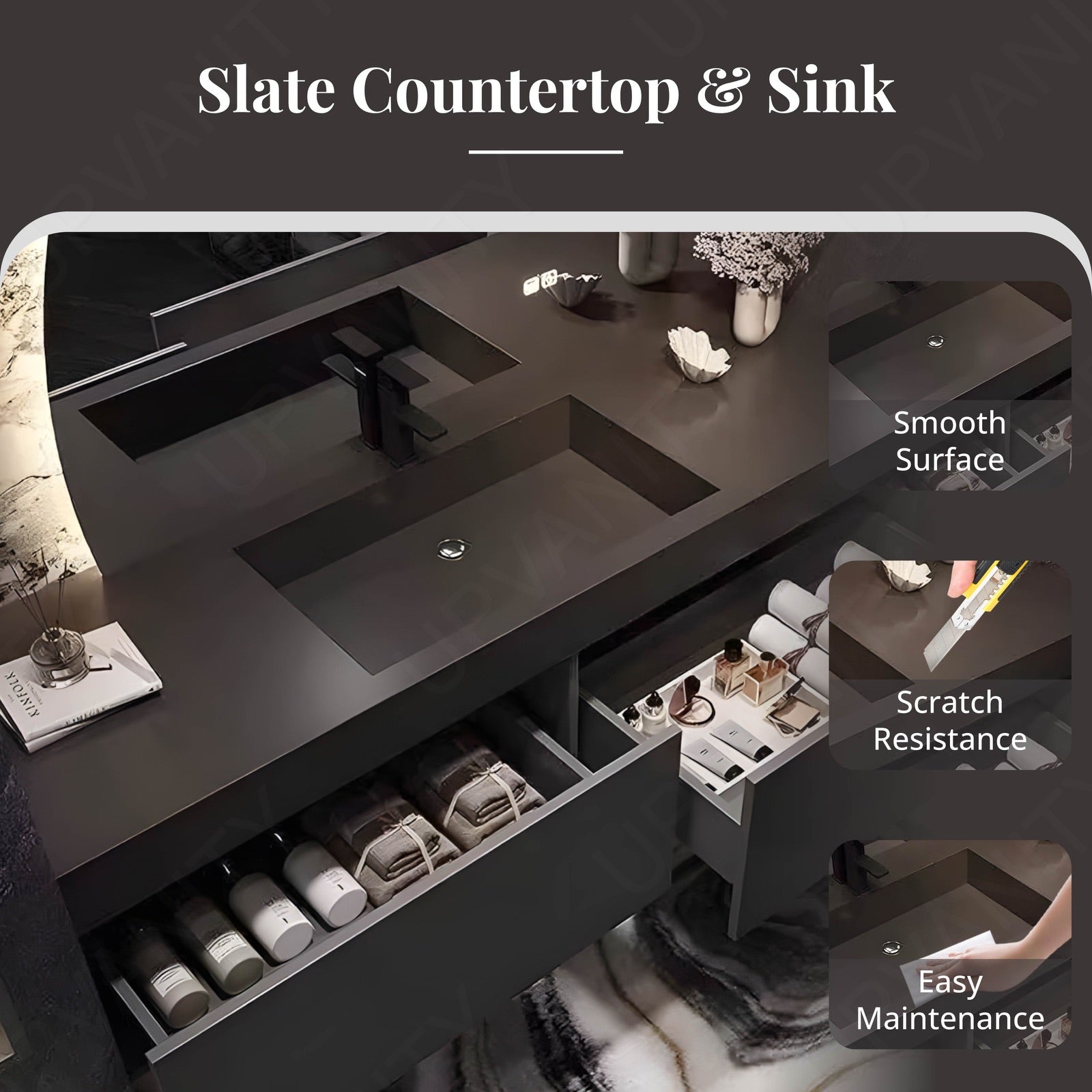 Elegant Bath Vanity Set, Black, Hidden Storage, 40"- 60", Single, Floating, Round Smart LED Mirror