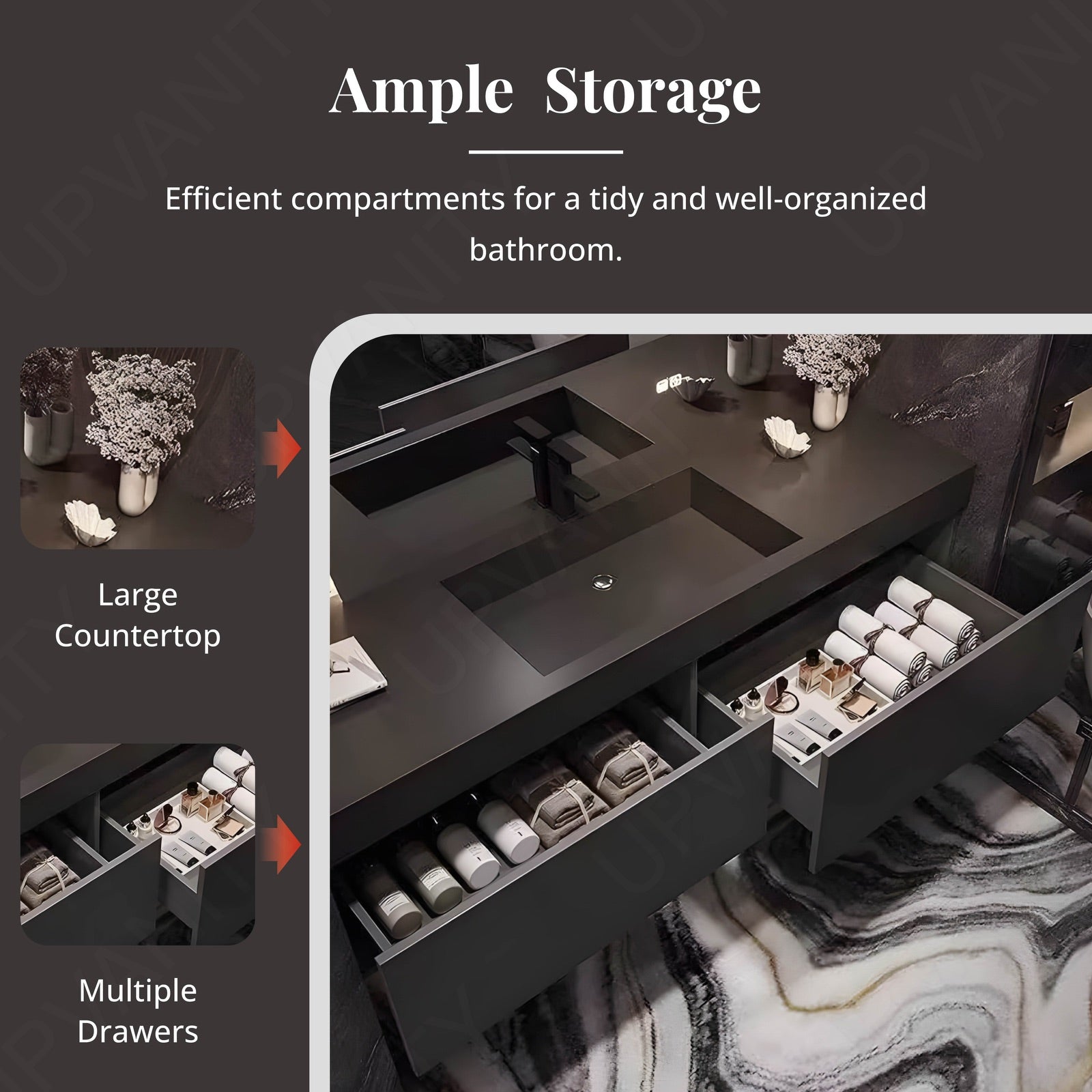 Elegant Bath Vanity Set, Black, Hidden Storage, 40"- 60", Single, Floating, Round Smart LED Mirror