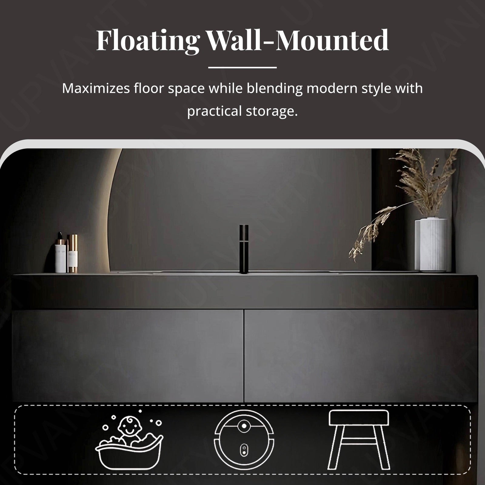 Elegant Bath Vanity Set, Black, Hidden Storage, 40"- 60", Single, Floating, Round Smart LED Mirror