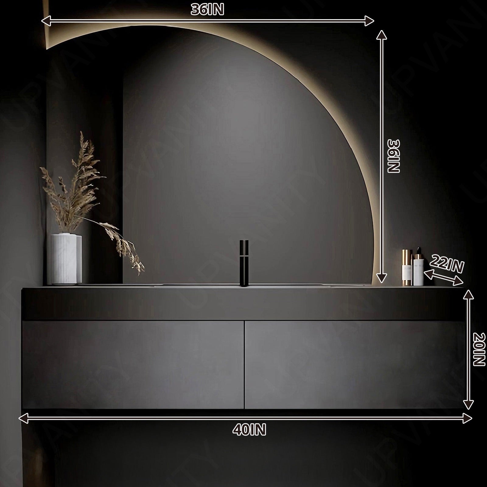 Elegant Bath Vanity Set, Black, Hidden Storage, 40"- 60", Single, Floating, Round Smart LED Mirror