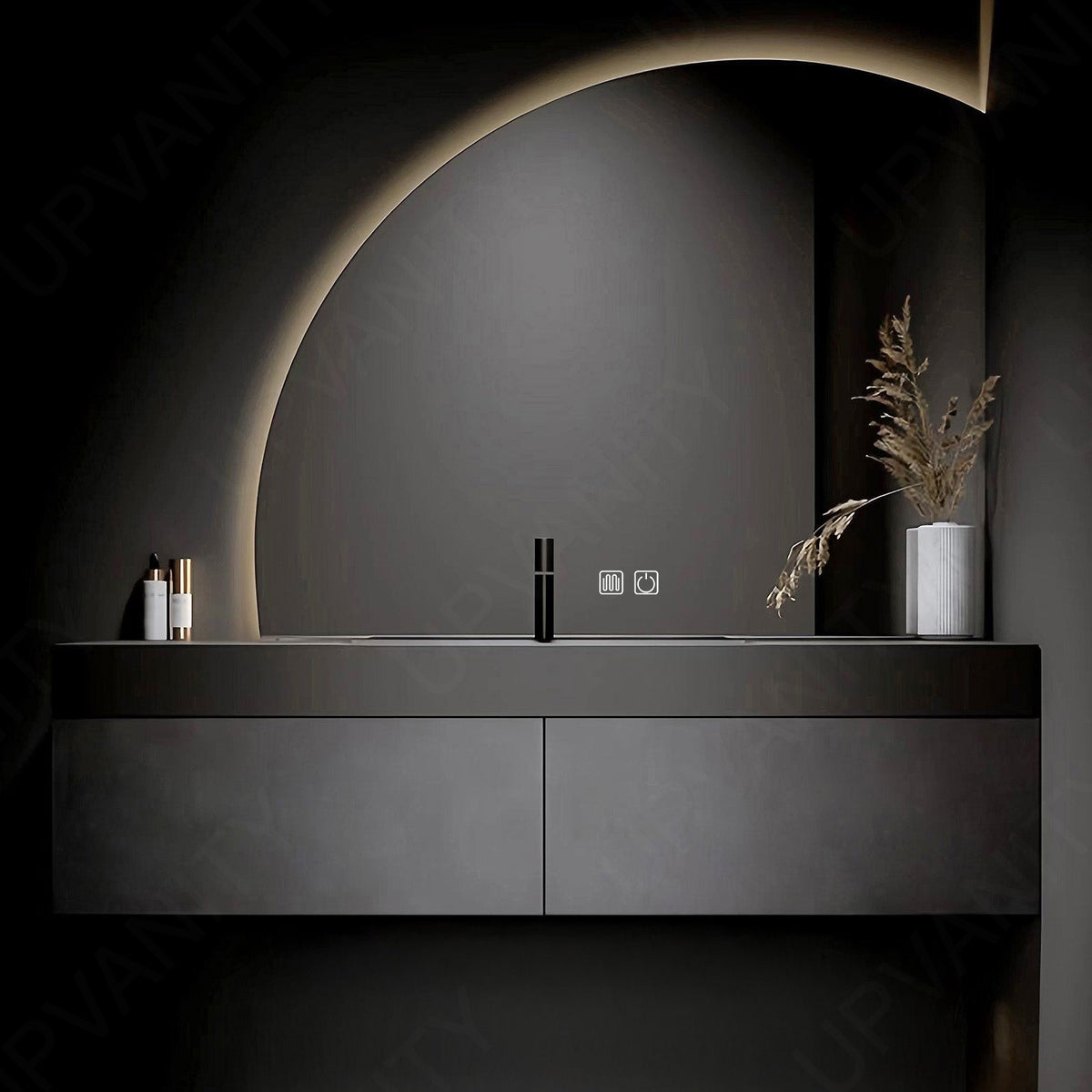 Elegant Bath Vanity Set, Black, Hidden Storage, 40"- 60", Single, Floating, Round Smart LED Mirror