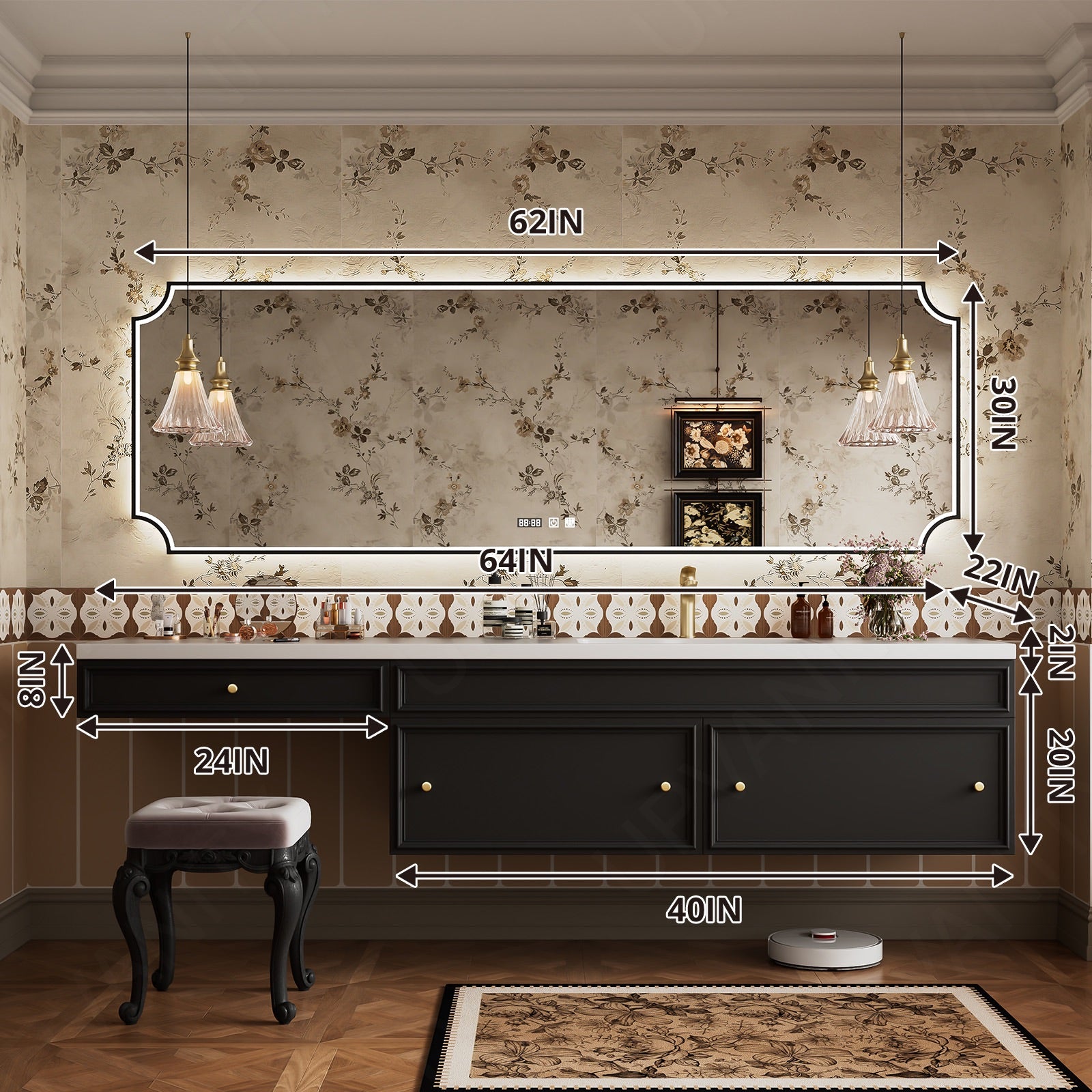 Elegant Bath Vanity Set, Black, Makeup Table, Slate White Top, 60"-96", Single, Floating, Smart LED Mirror