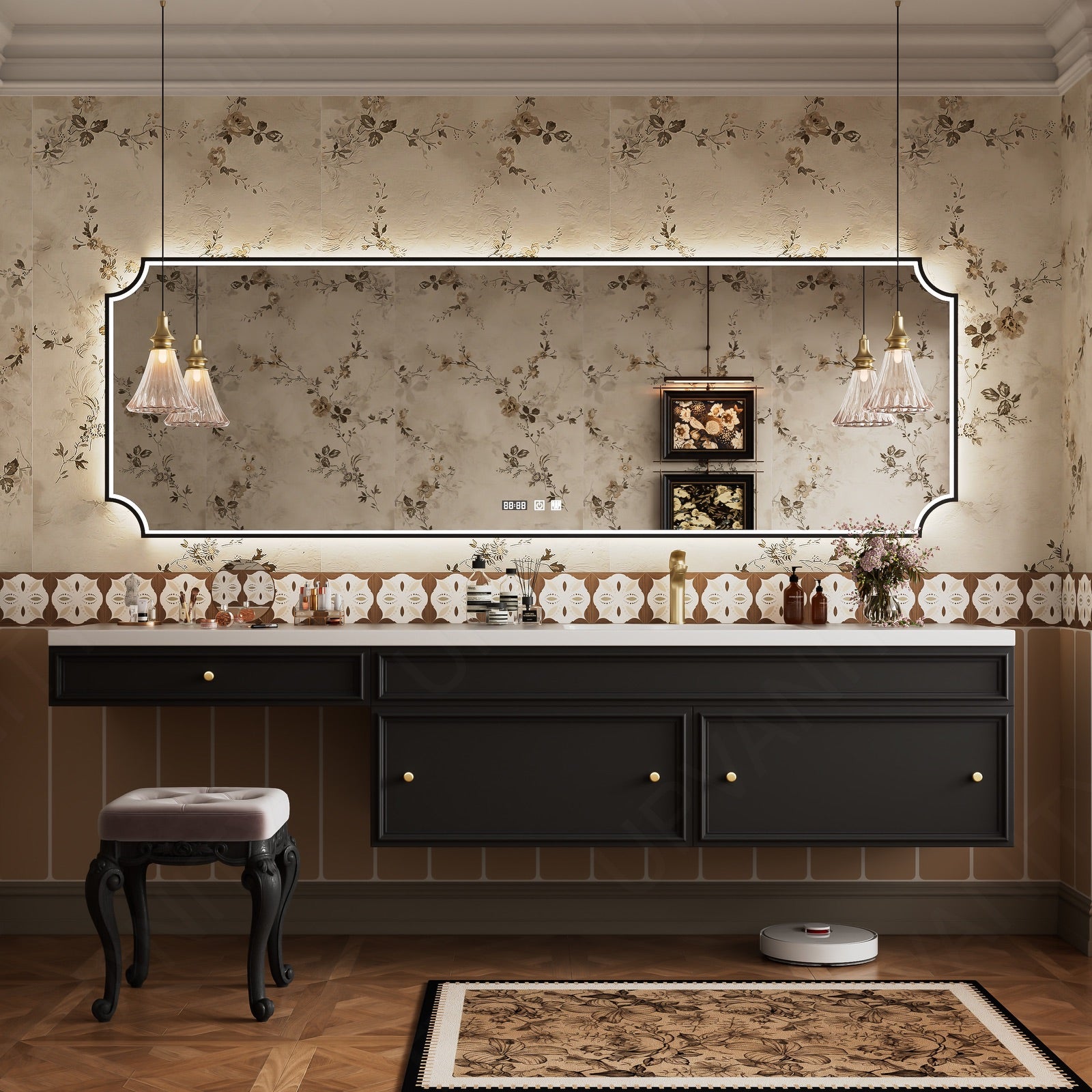 Elegant Bath Vanity Set, Black, Makeup Table, Slate White Top, 60"-96", Single, Floating, Smart LED Mirror